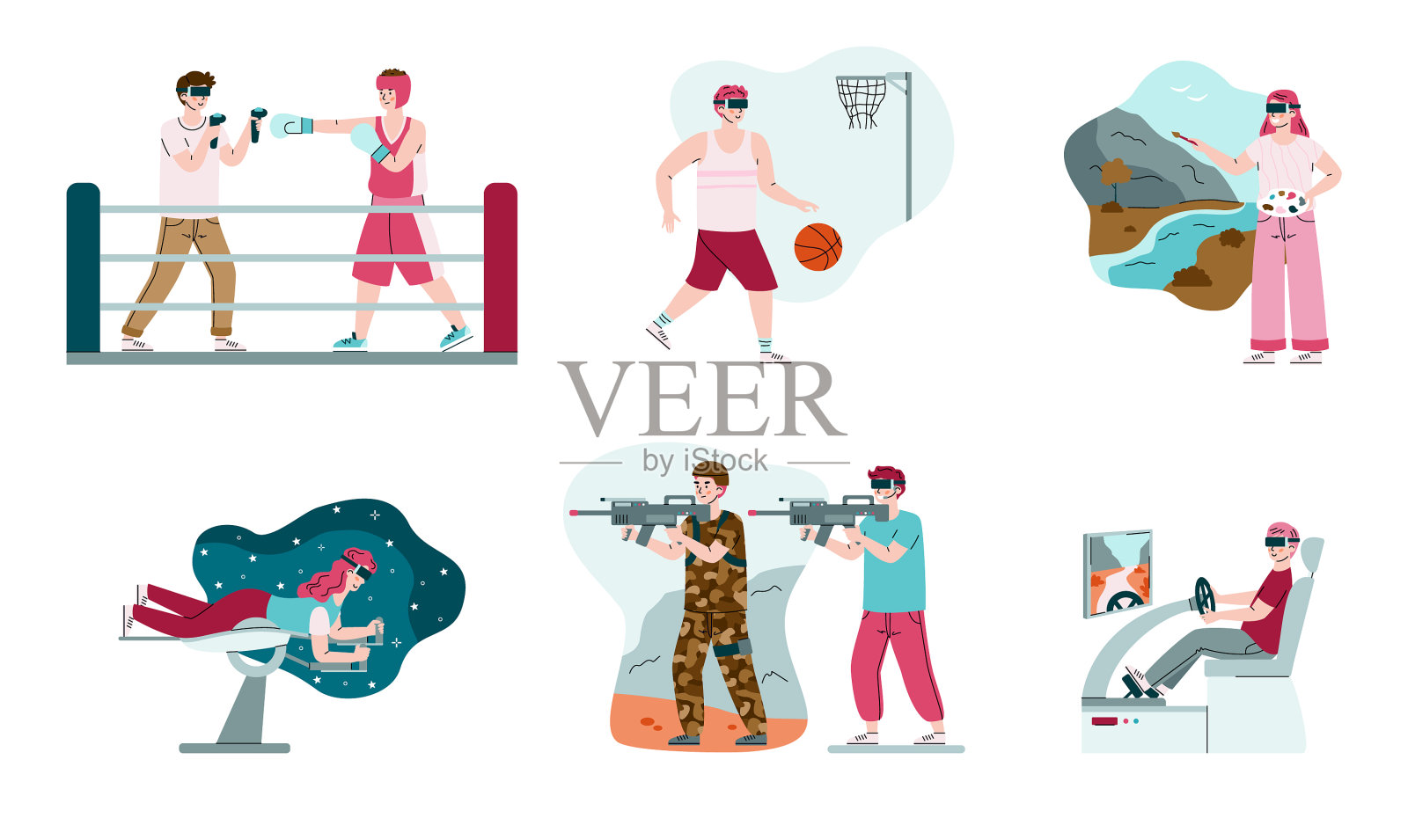 设置人们使用虚拟现实虚拟现实卡通插画图片素材