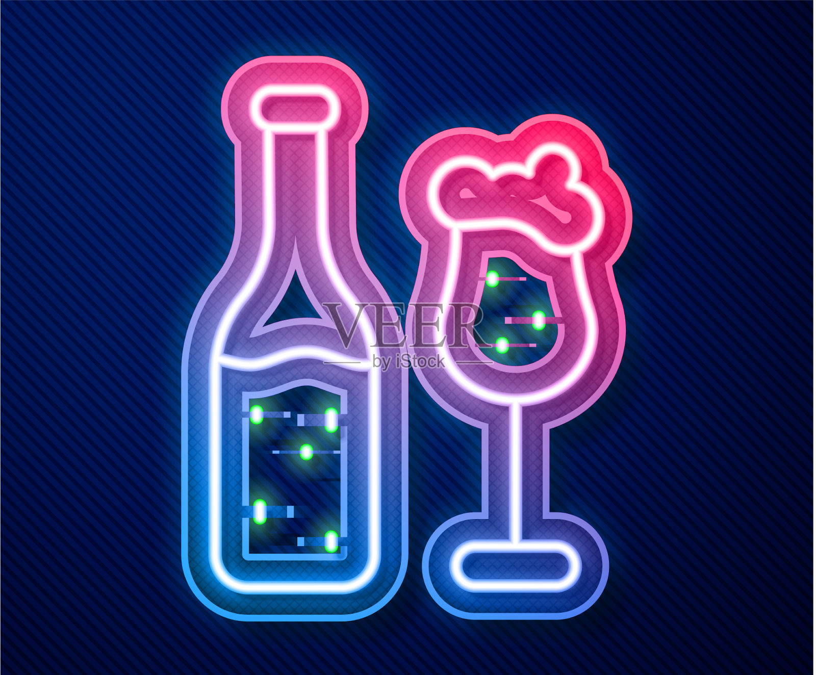 发光的霓虹灯线啤酒瓶和玻璃图标插画图片素材