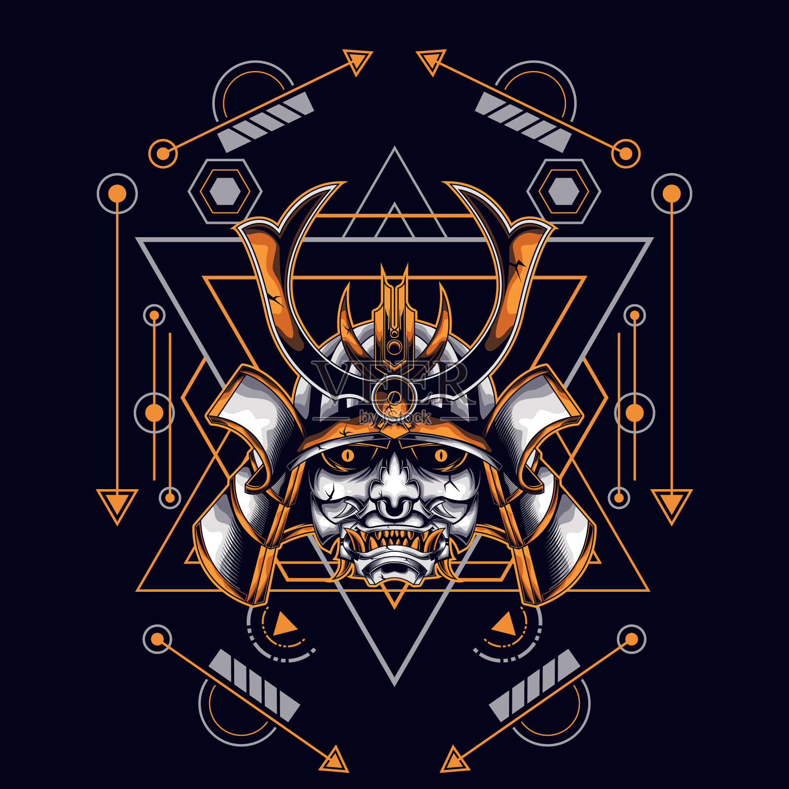 鬼面具武士头与神圣的几何学插画图片素材