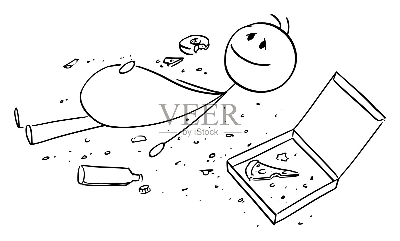 吃多了的人或人,躺在地上的面包屑周围,矢量卡通棍人物插图插画图片素材