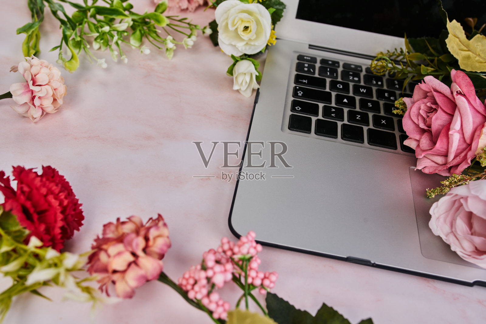 笔记本电脑与鲜花围绕女性概念照片摄影图片