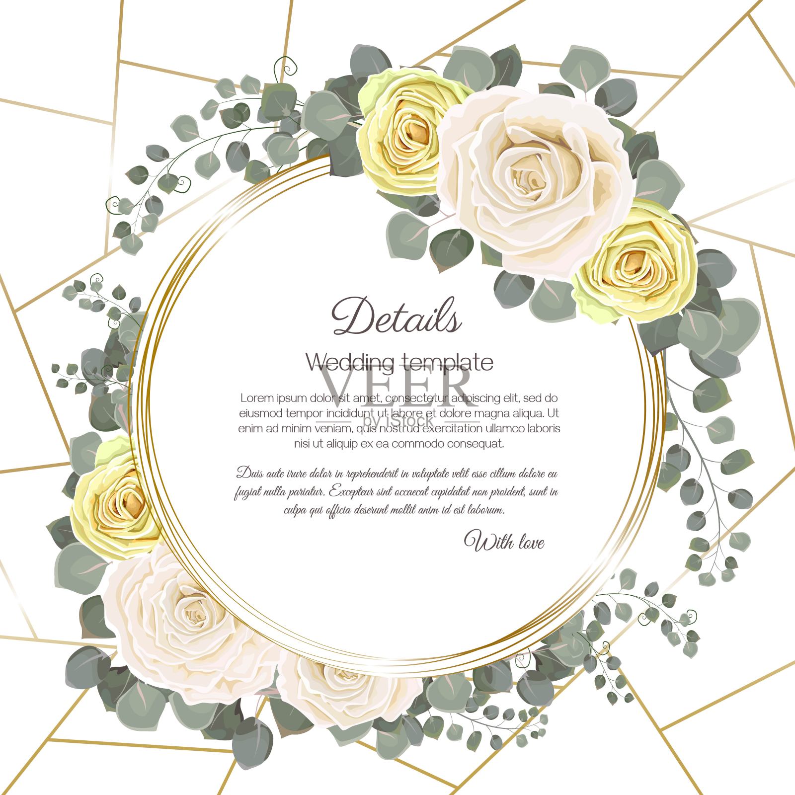 婚礼请柬的花卉设计。金圆框插画图片素材