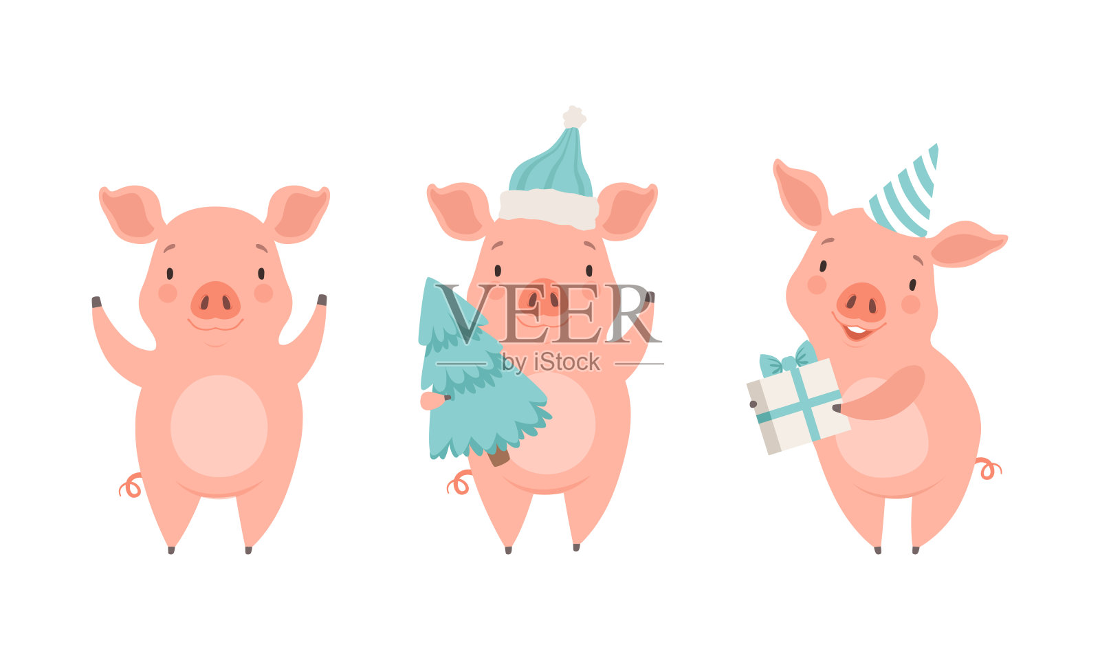 可爱的猪人物设置,滑稽的农场动物庆祝节日卡通矢量插图插画图片素材