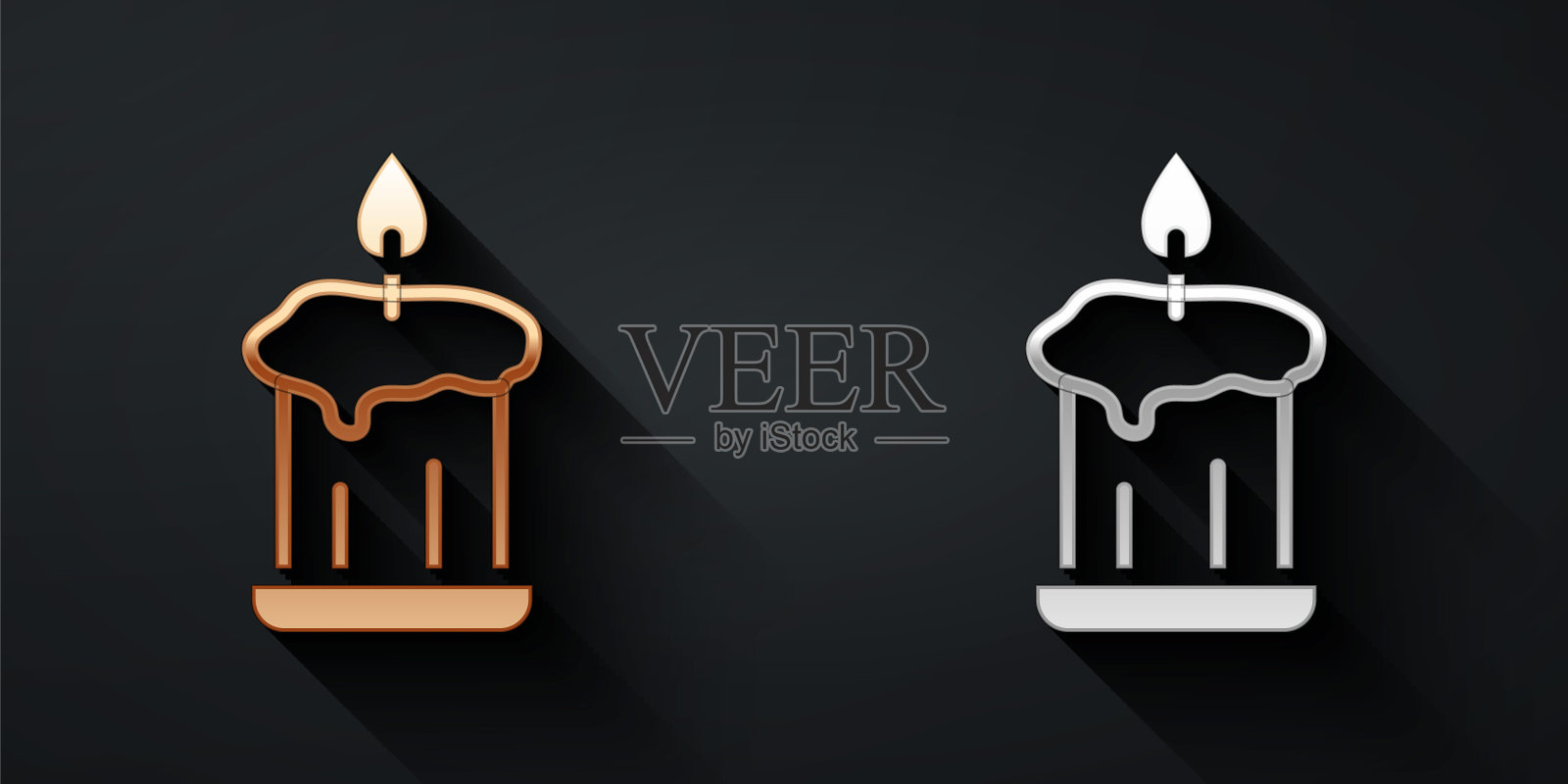 金色和银色燃烧的蜡烛在烛台图标孤立在黑色的背景。老式点燃的蜡烛。燃烧着火焰的圆柱形蜡烛棒。长长的阴影风格。向量插画图片素材