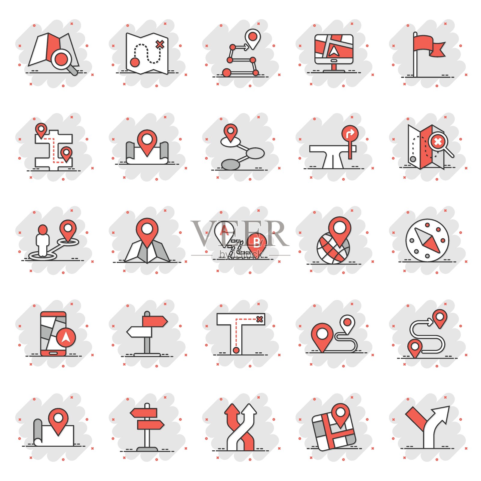 导航图标设置在漫画风格。Gps方向卡通矢量插图在白色孤立的背景。定位销位飞溅效应经营理念。图标素材