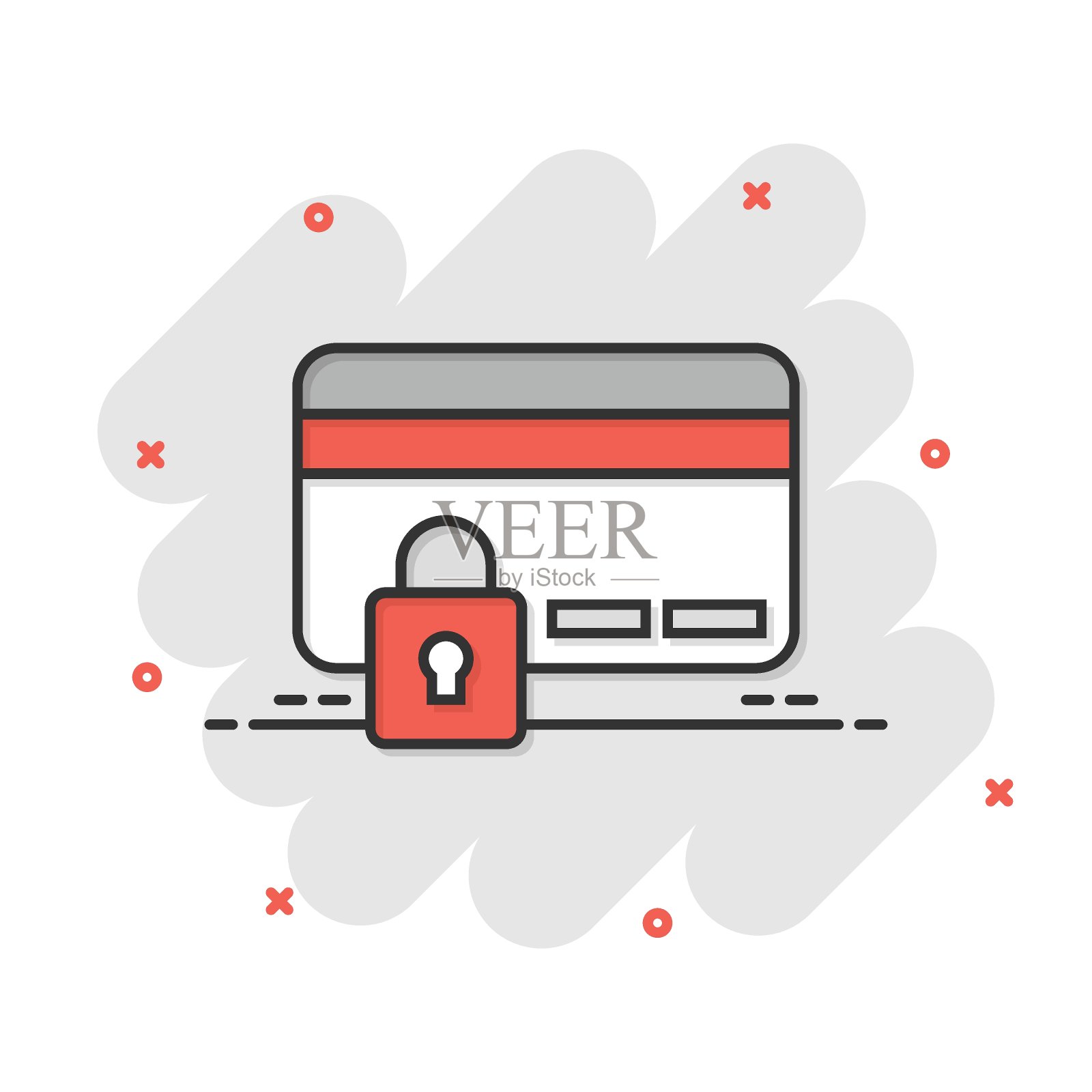 漫画风格的信用卡保护图标。安全购物卡通矢量插图在白色孤立的背景。商业挂锁飞溅效果的经营理念。插画图片素材