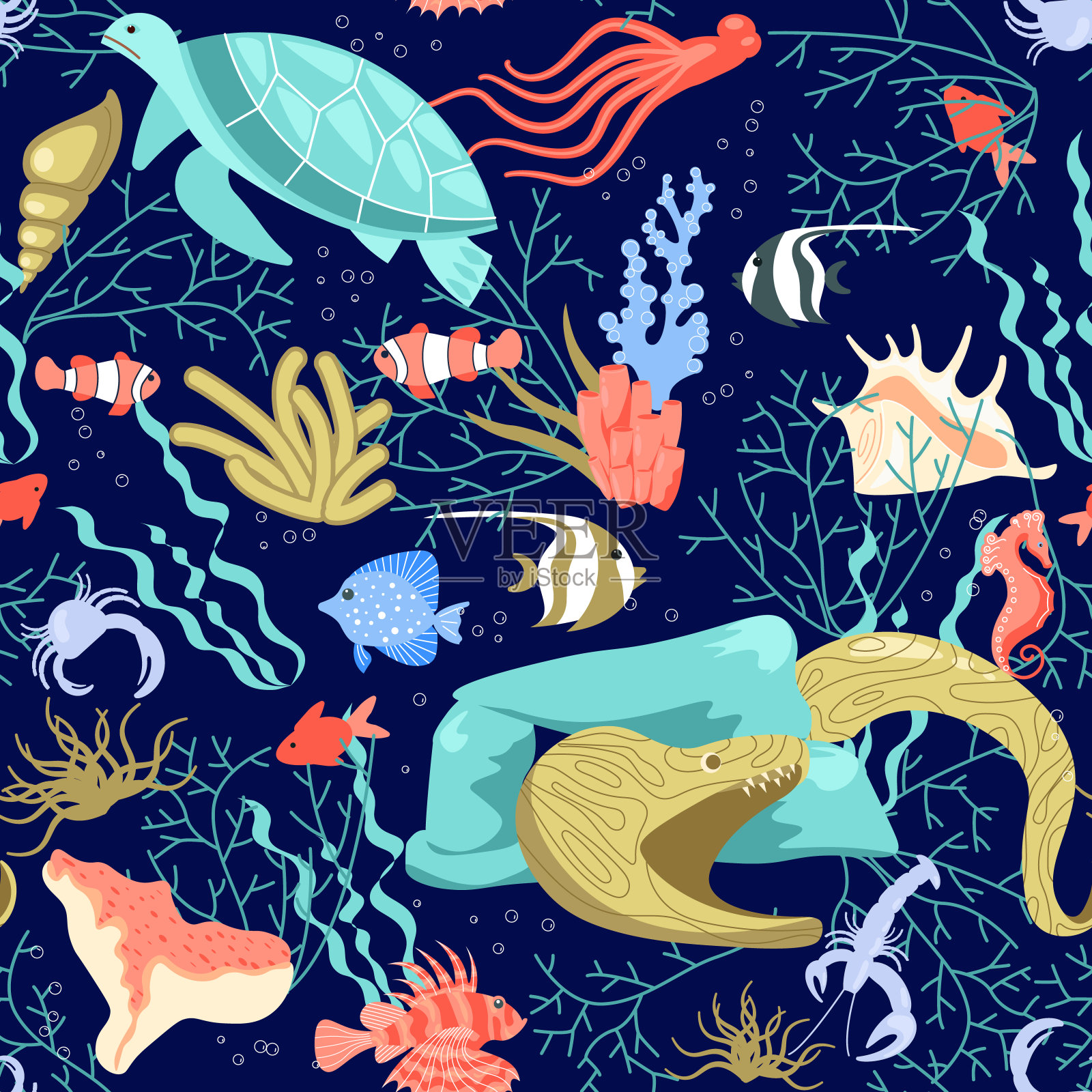 无缝模式的水下生命元素和热带动物插画图片素材