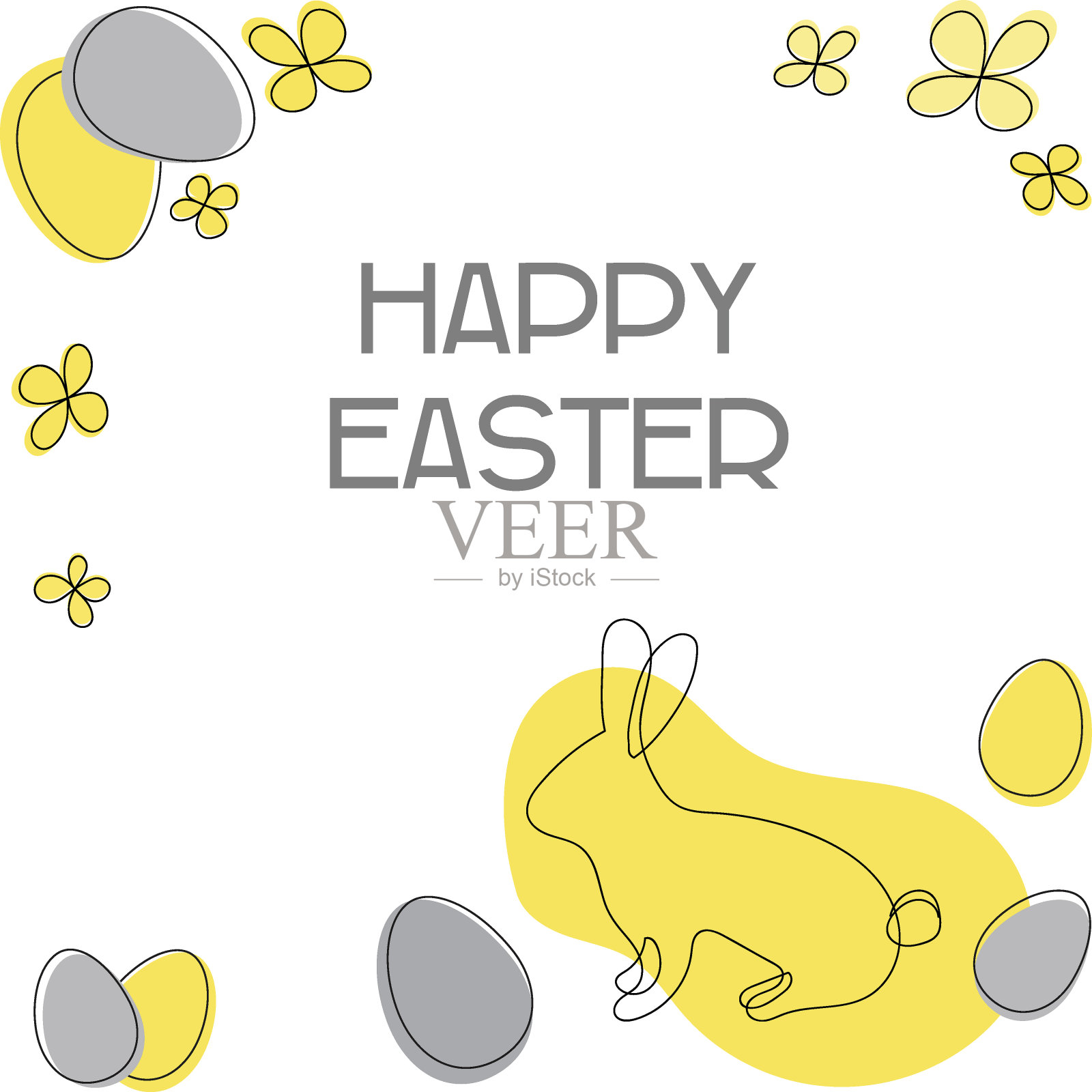 复活节插图与兔子,鸡蛋和花在潘通2021颜色。用黑色线条的极简手绘。插画图片素材