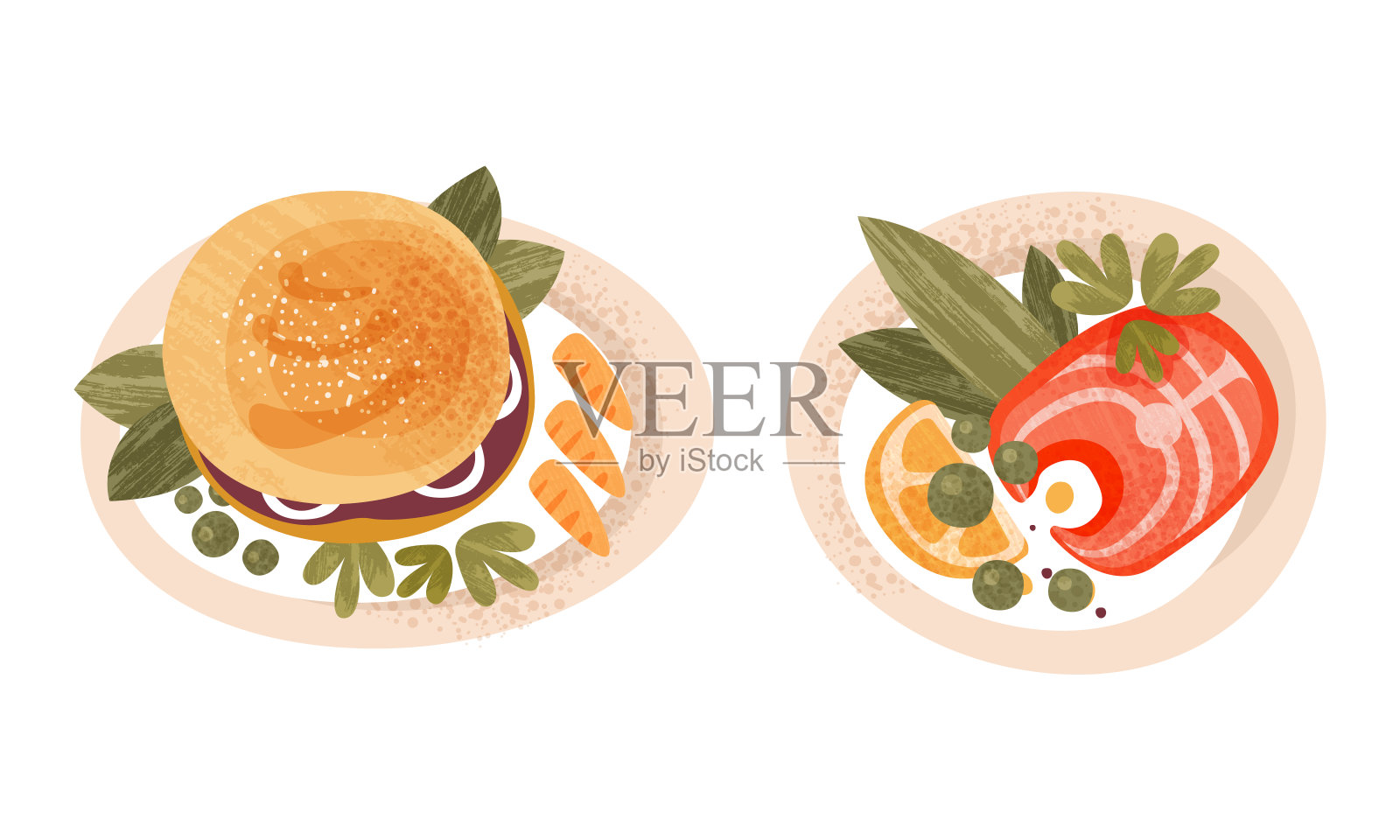 餐装盘,健康的传统食物菜肴,汉堡和鲑鱼与蔬菜卡通矢量插图插画图片素材