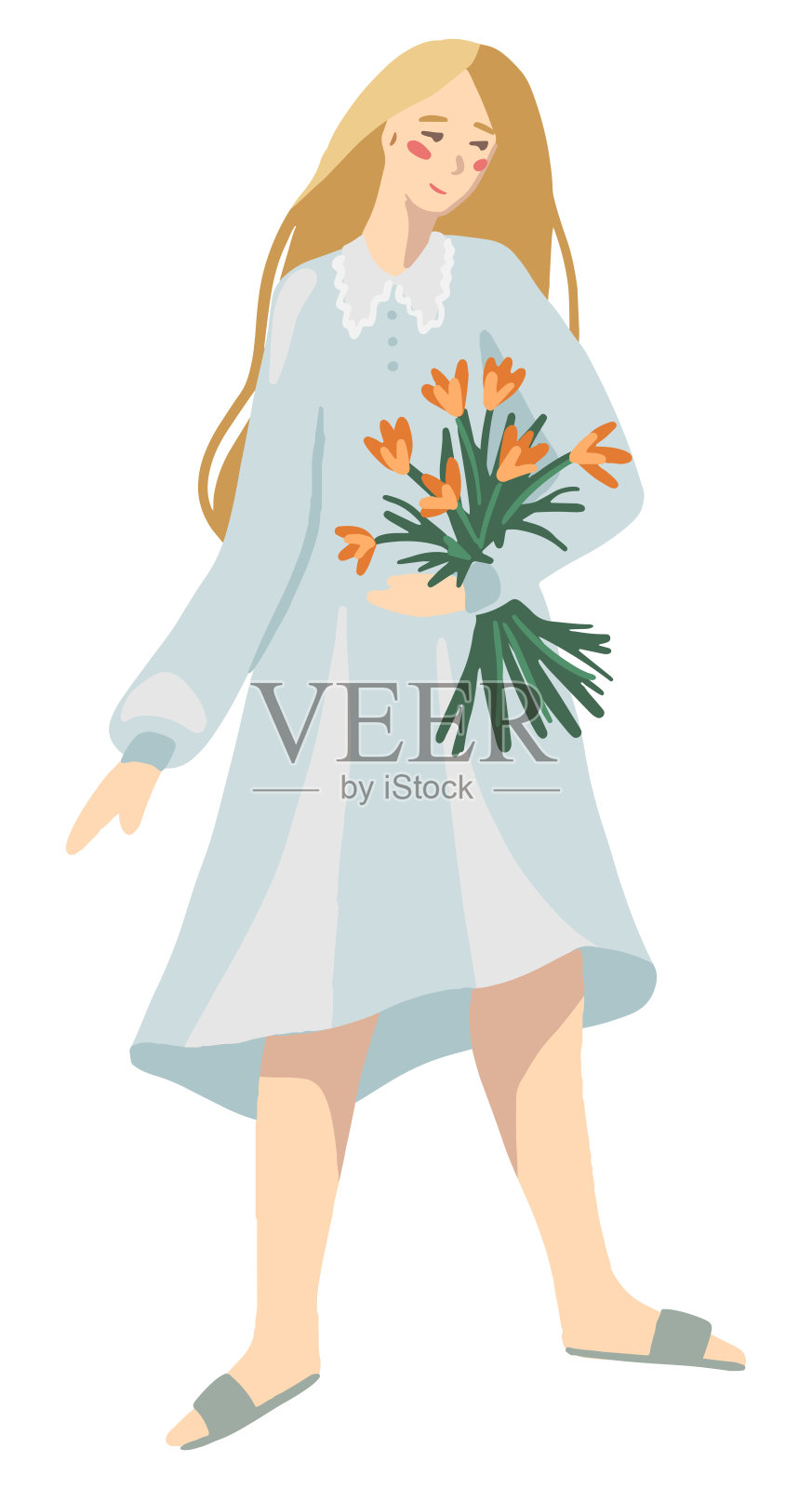 漂亮的女人全身身材在村舍核心美学。身着夏装的女孩手里拿着一束鲜花。简单的矢量图。独立的剪贴画装饰,贴纸,设计,卡片,打印。插画图片素材