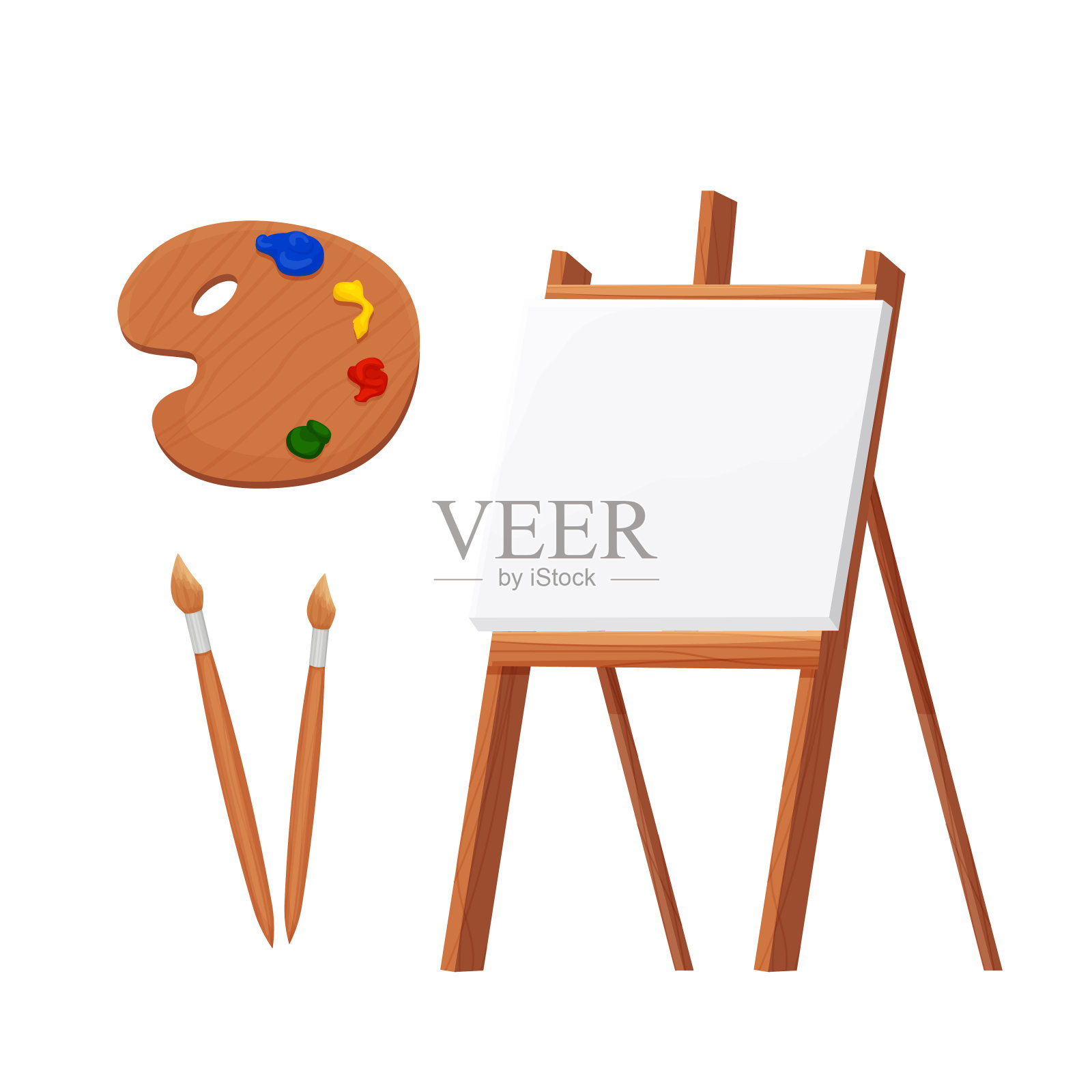 设置木制画架空空白纸模拟与调色板和画笔在矢量白色插图孤立的卡通风格。艺术家设备,广告牌。矢量图插画图片素材