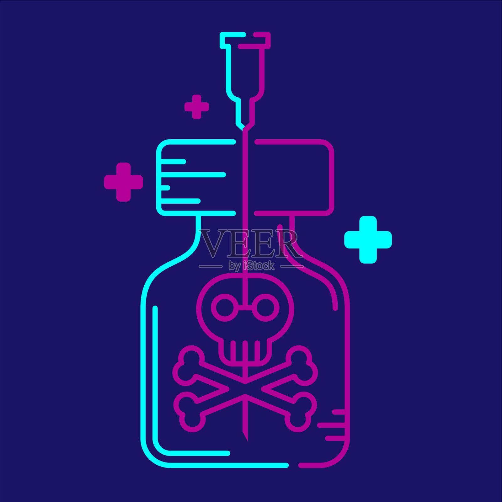 标志covid-19疫苗瓶中十字骨符号和注射器头有十字图标,接种疫苗问题风险死亡概念设计插图蓝色,紫色孤立在深蓝色背景插画图片素材