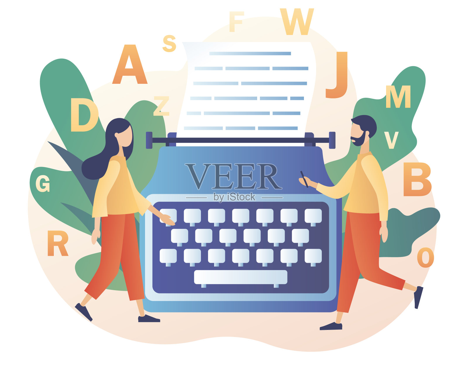 一群极具创造力的人在老式打字机上打字。专业作家,作家,编辑,记者,文案,内容经理,博客写手。现代平面卡通风格。矢量图插画图片素材
