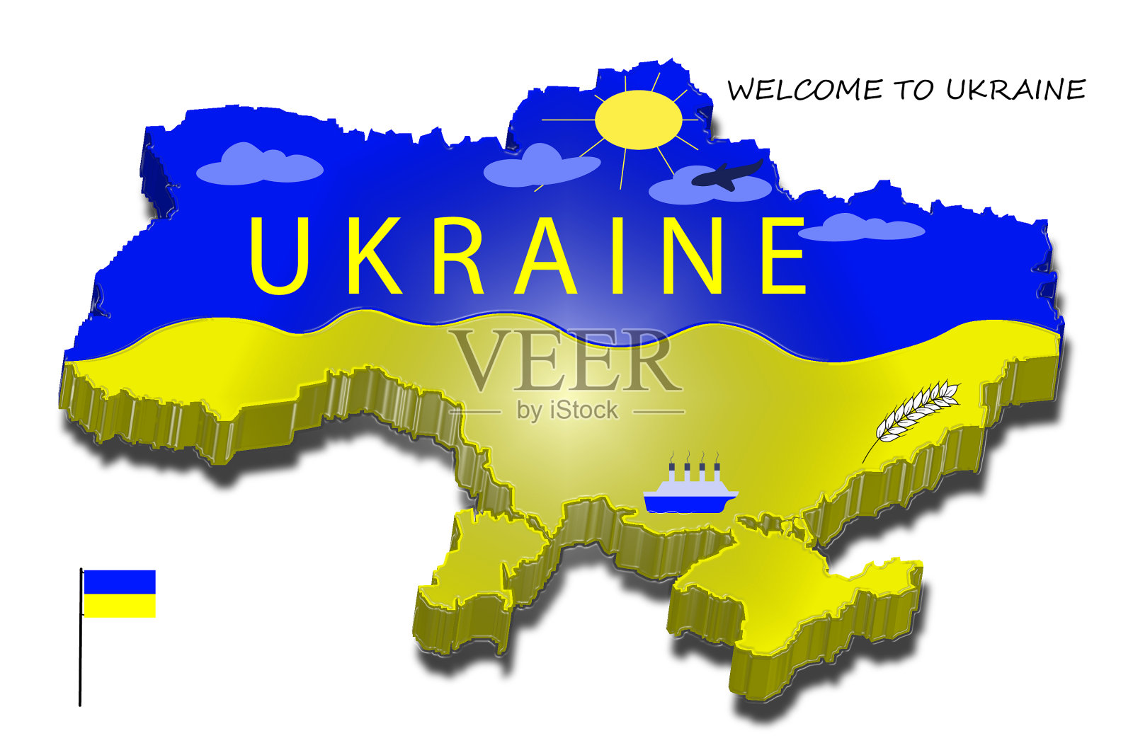 乌克兰地图插图上的白色背景,3D插图插画图片素材