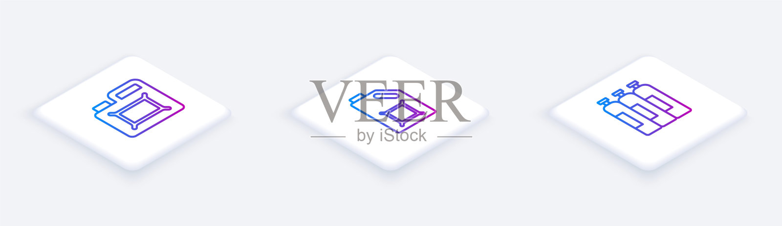 设定等距线罐用于机油和工业气瓶。白色正方形按钮。向量插画图片素材