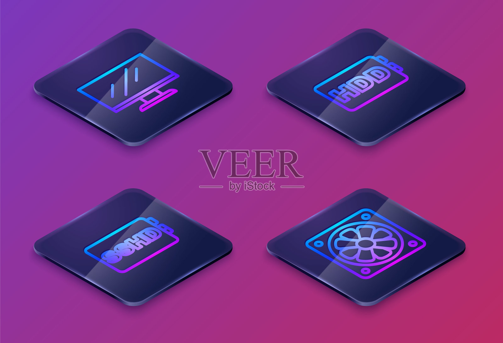 设置等距线计算机显示器屏幕,SSHD卡,硬盘驱动器HDD和冷却器。蓝色方块按钮。向量插画图片素材