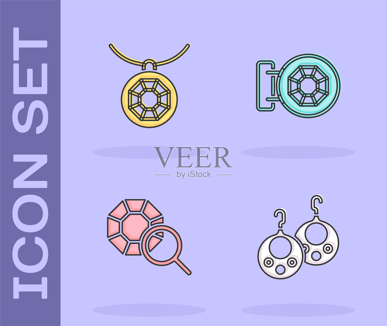 套耳环,吊坠项链,宝石石头和珠宝商店图标。向量图标素材