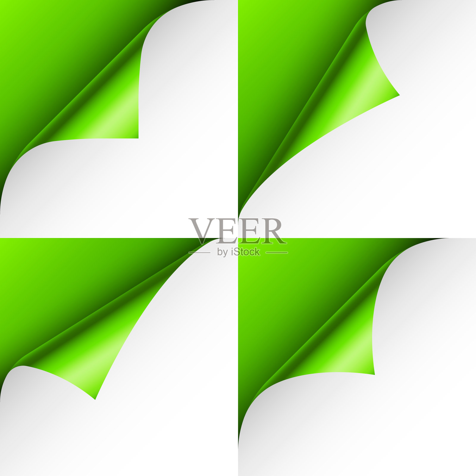 一套绿色的纸卷。带有阴影的卷页角。一张白纸。五彩缤纷的闪亮的金属箔。广告和促销的设计元素。矢量图插画图片素材