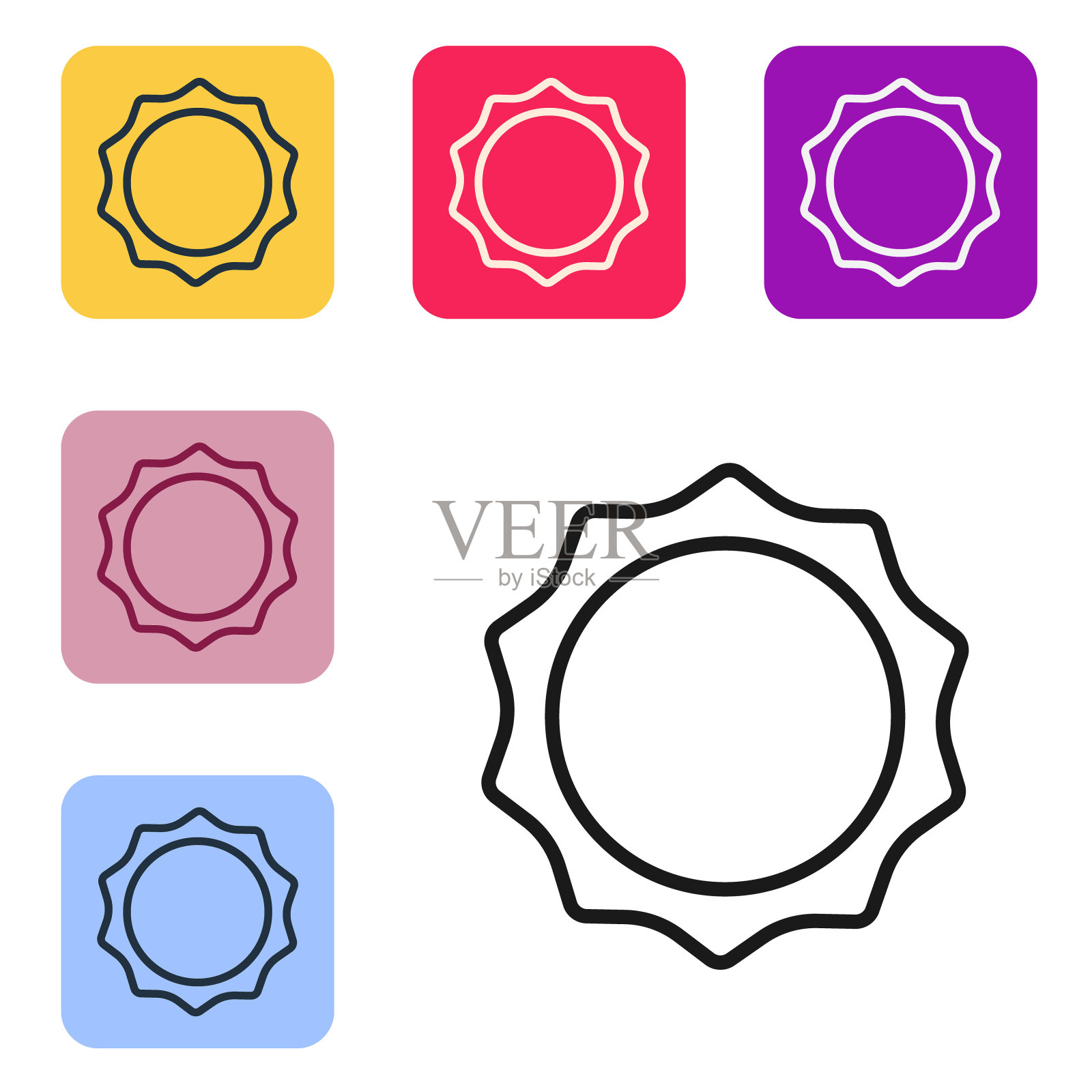 黑线太阳图标孤立在白色背景。设置图标的颜色方形按钮。向量图标素材