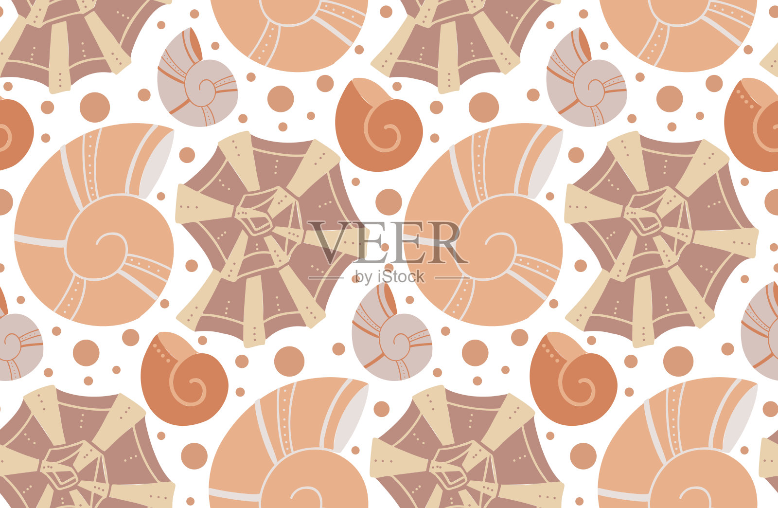 无缝图案与卡通贝壳与涂鸦装饰在米色色调。平纹理的海洋居民与波西米亚的装饰和点。向量壁纸插画图片素材