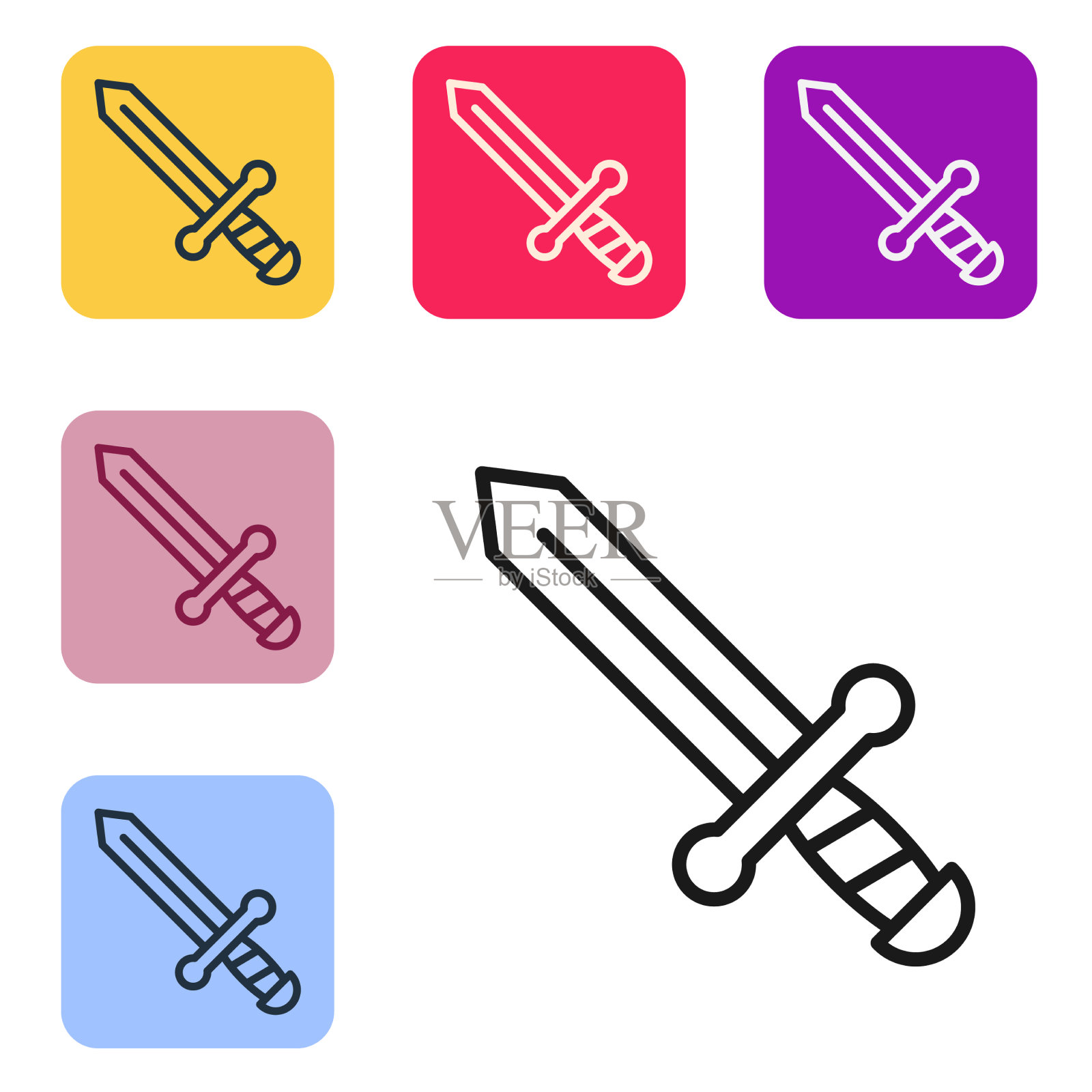 黑色线中世纪剑图标孤立在白色插画图片素材