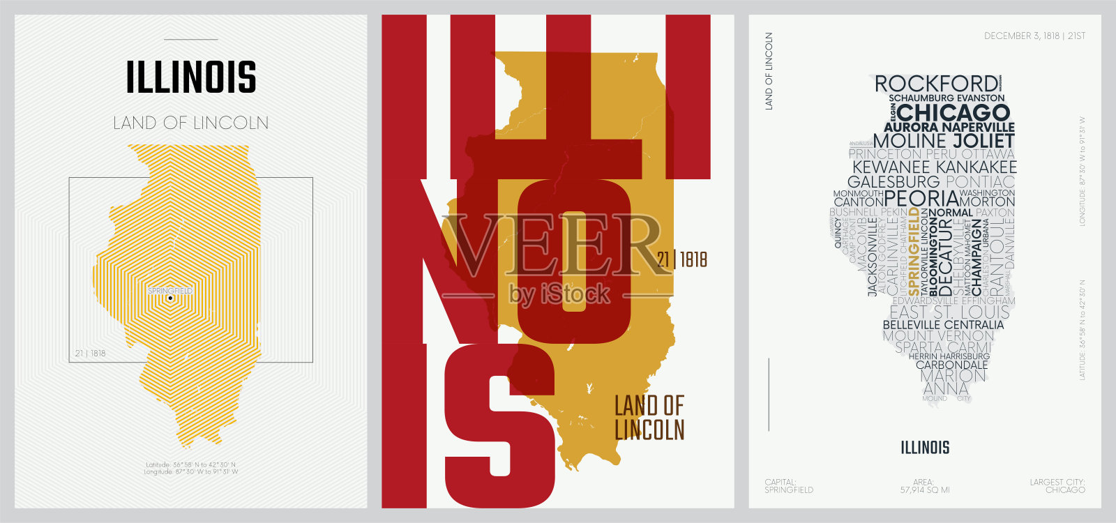 50套中的21套,3种设计风格的名称和信息的美国州海报,详细的矢量艺术打印伊利诺斯州地图插画图片素材