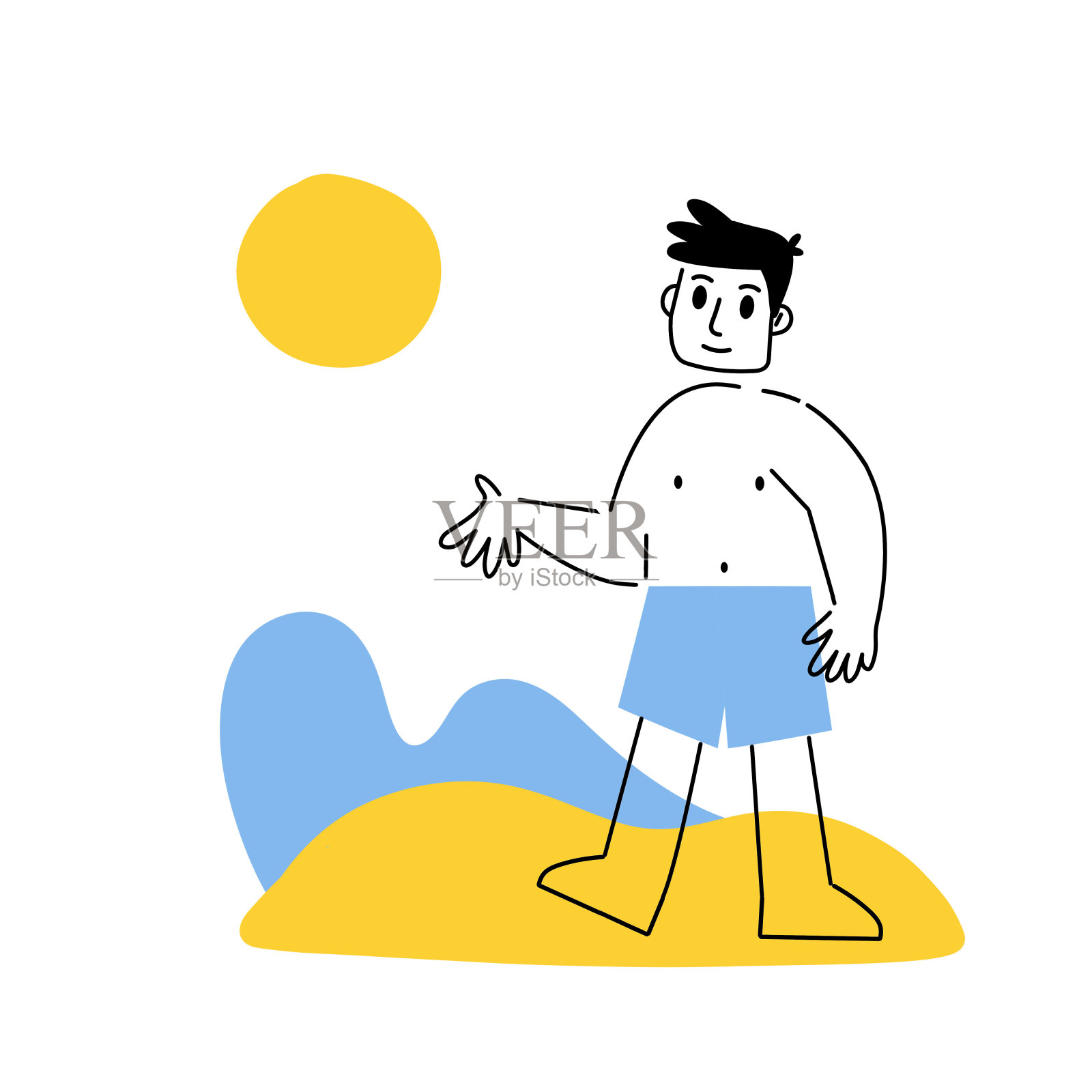 海滩上穿着泳裤的男人。穿着内裤的角色。现代趋势抽象几何卡通背景。夏季设计元素图片