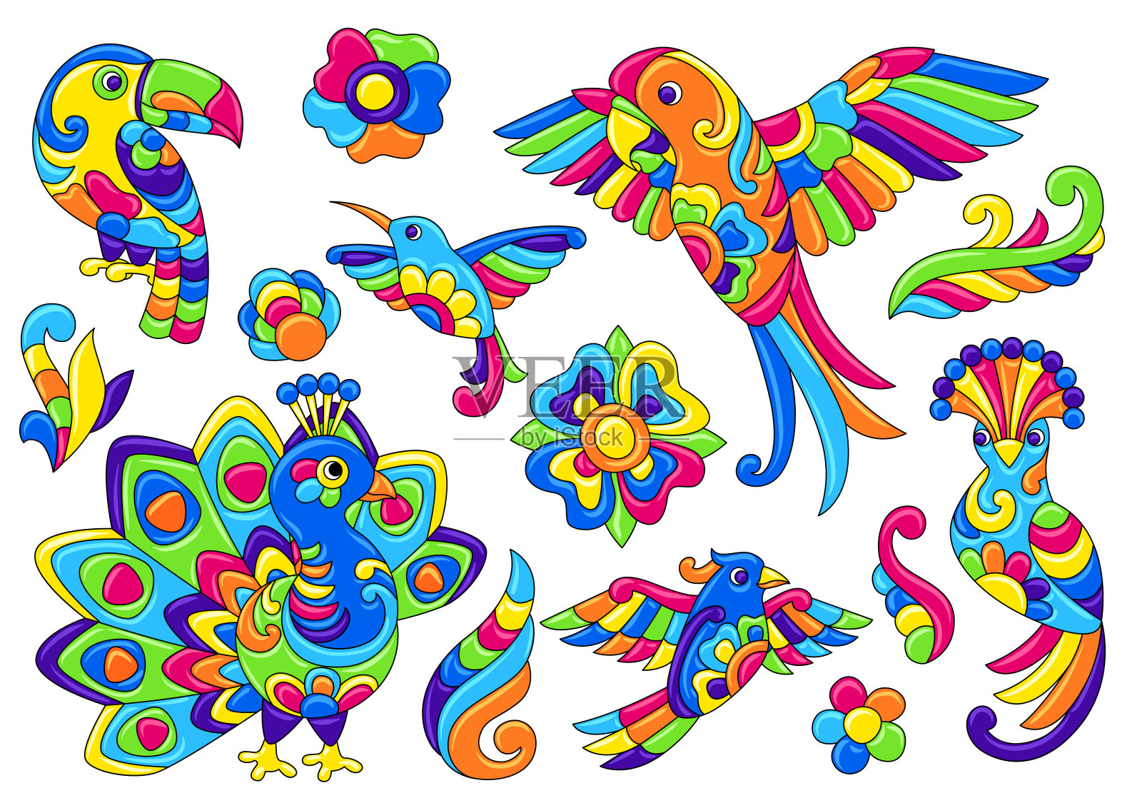 一套装饰热带鸟类。墨西哥陶瓷可爱天真的艺术。插画图片素材