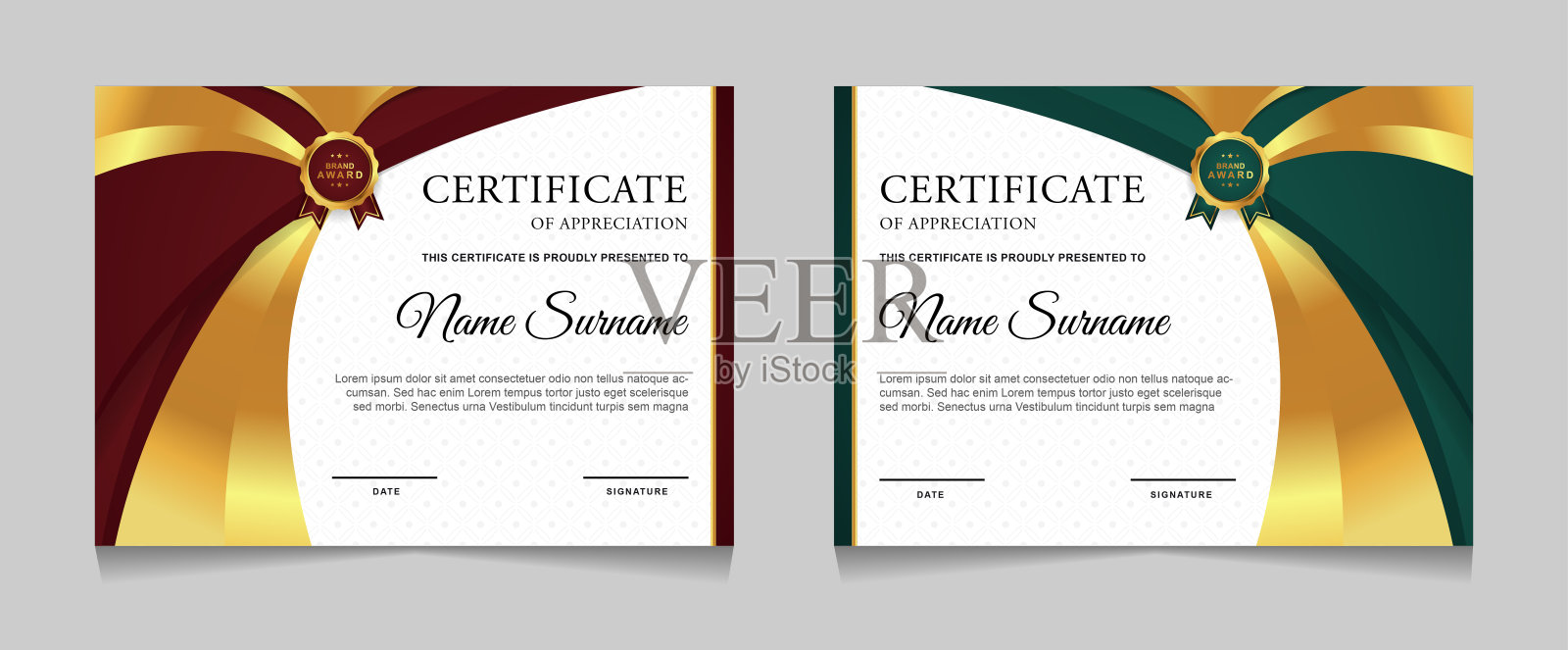 一套成就证书边界设计模板与元素的豪华金章和现代线条模式。插画图片素材