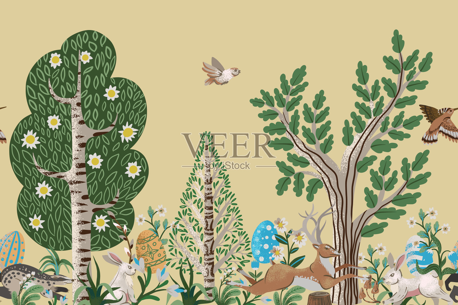 乡村边界有树、兔子、蛋等插画图片素材