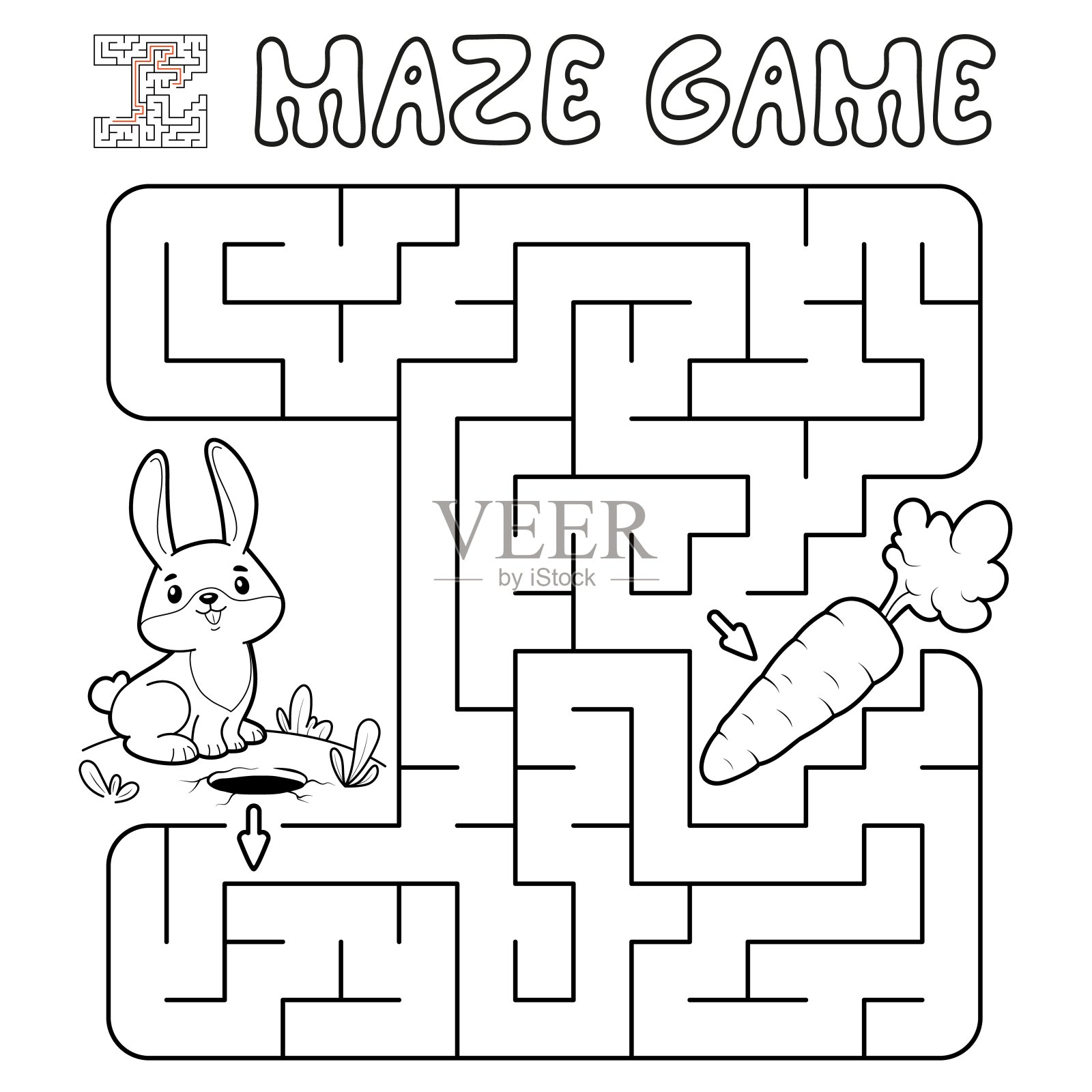 儿童迷宫拼图游戏。轮廓迷宫或迷宫游戏与兔子。插画图片素材