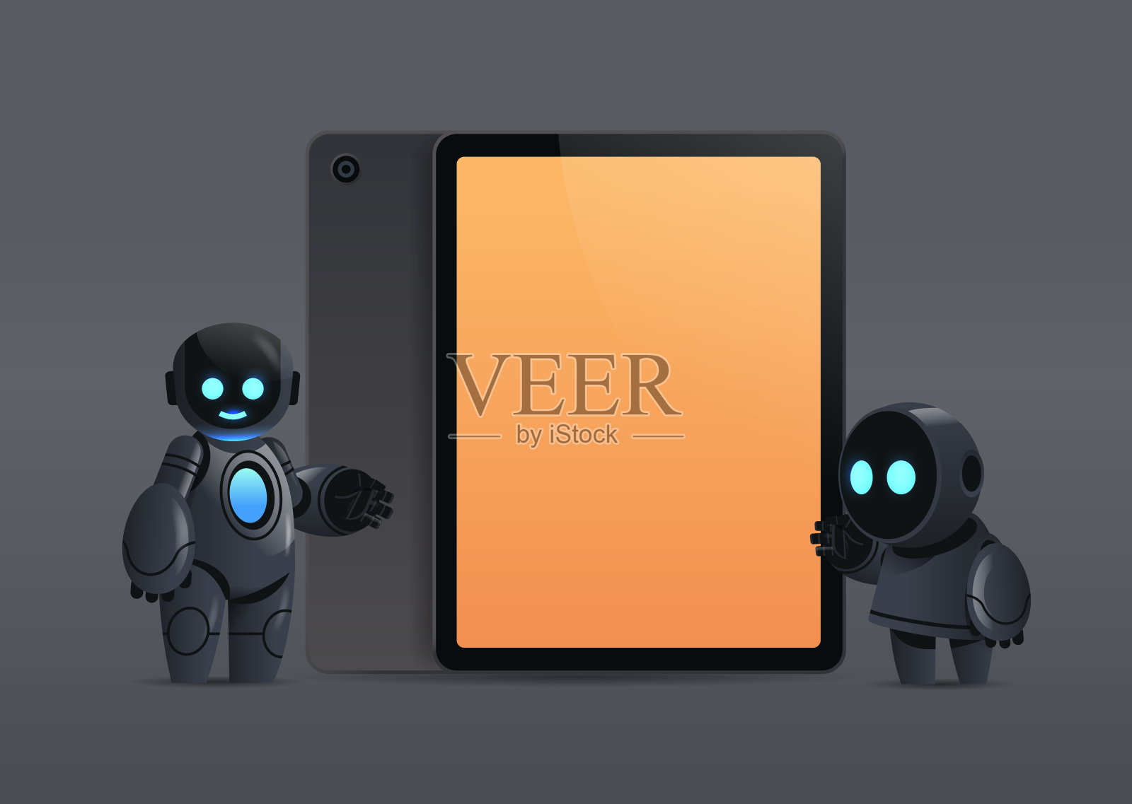 现代机器人夫妇站在平板电脑旁边与黑屏机器人字符人工智能技术插画图片素材