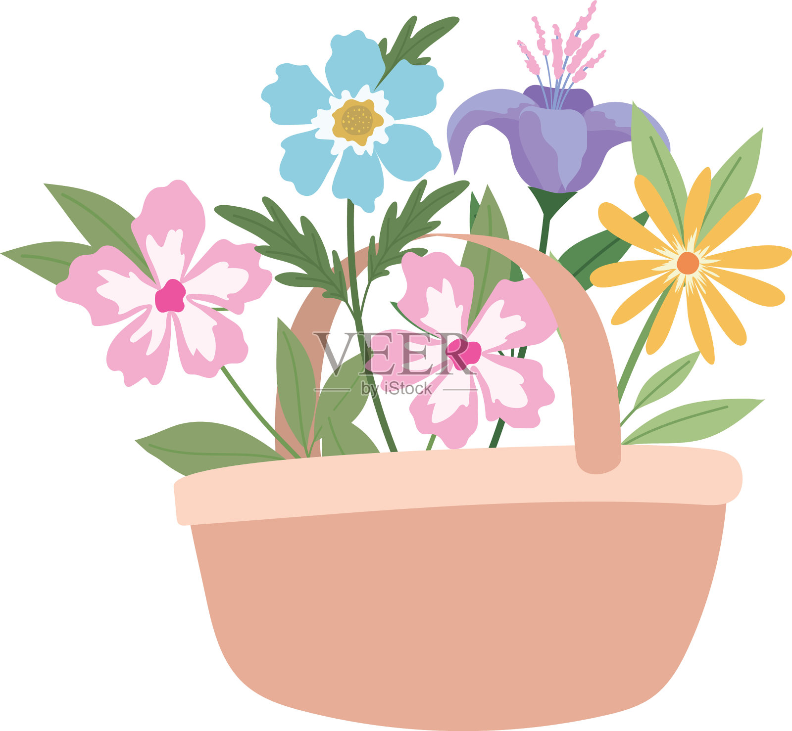 篮子里满是可爱的花插画图片素材