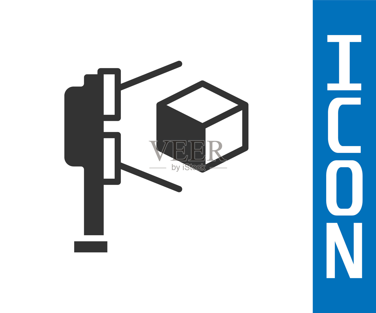 灰色3D扫描仪与立方体投影图标隔离在白色背景。向量插画图片素材