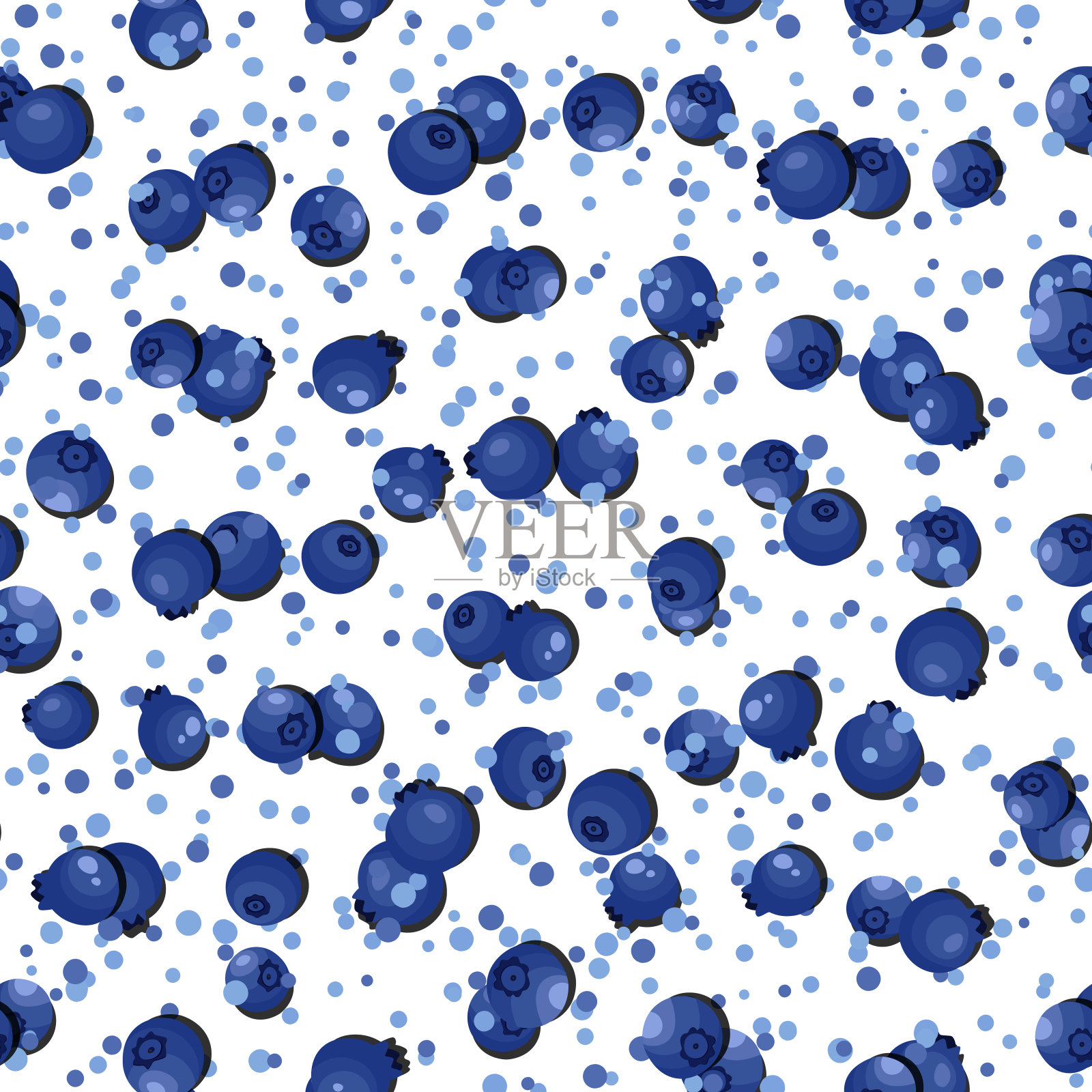 无缝模式与蓝莓在白色的背景。天然新鲜、成熟、美味的蓝莓。矢量插图背景,包装,纺织品,织物和各种其他设计。插画图片素材