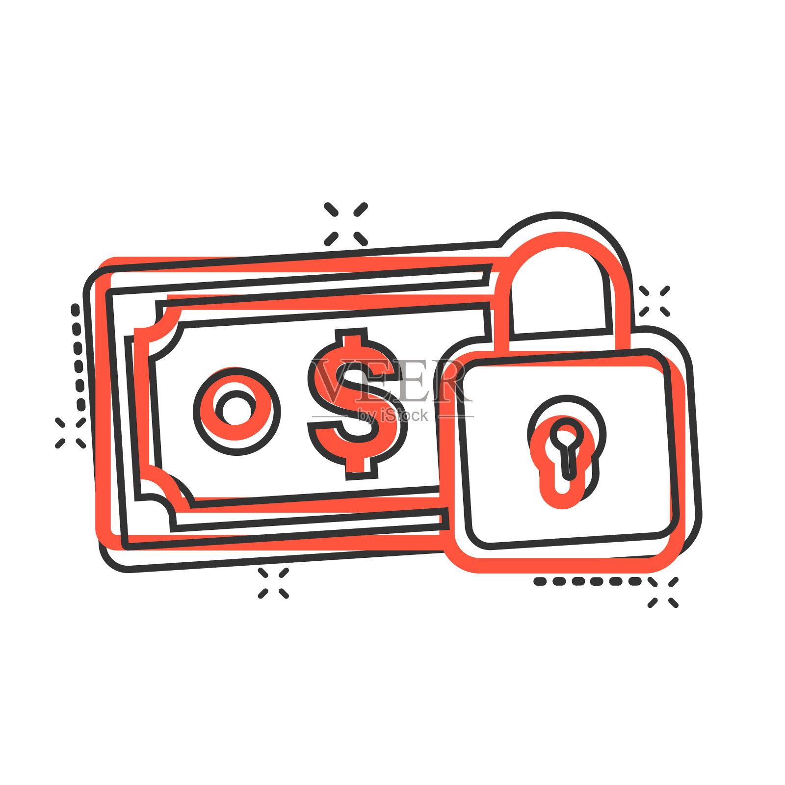 漫画风格的锁图标美元钞票插画图片素材