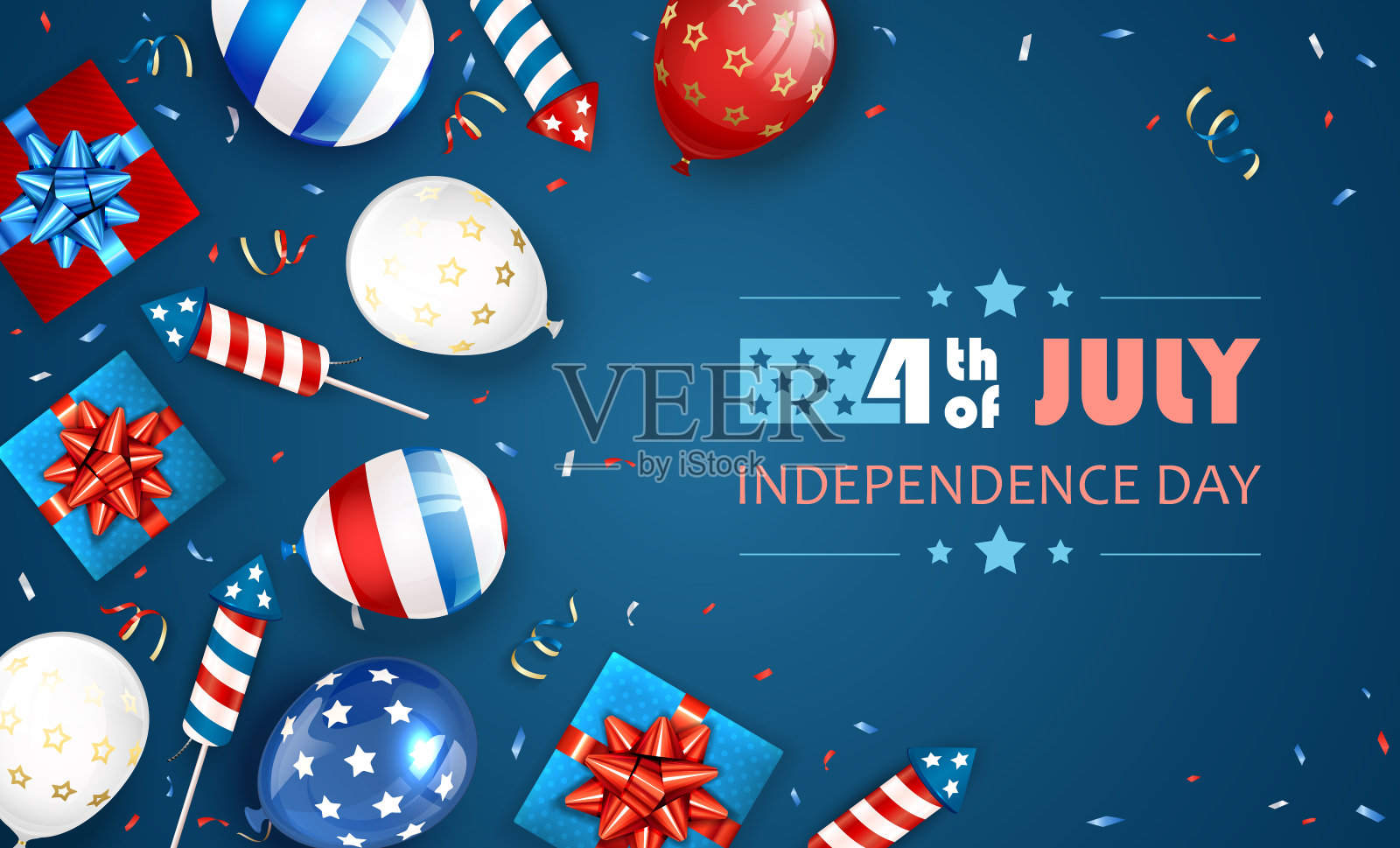 蓝色背景上的气球和独立日烟花插画图片素材