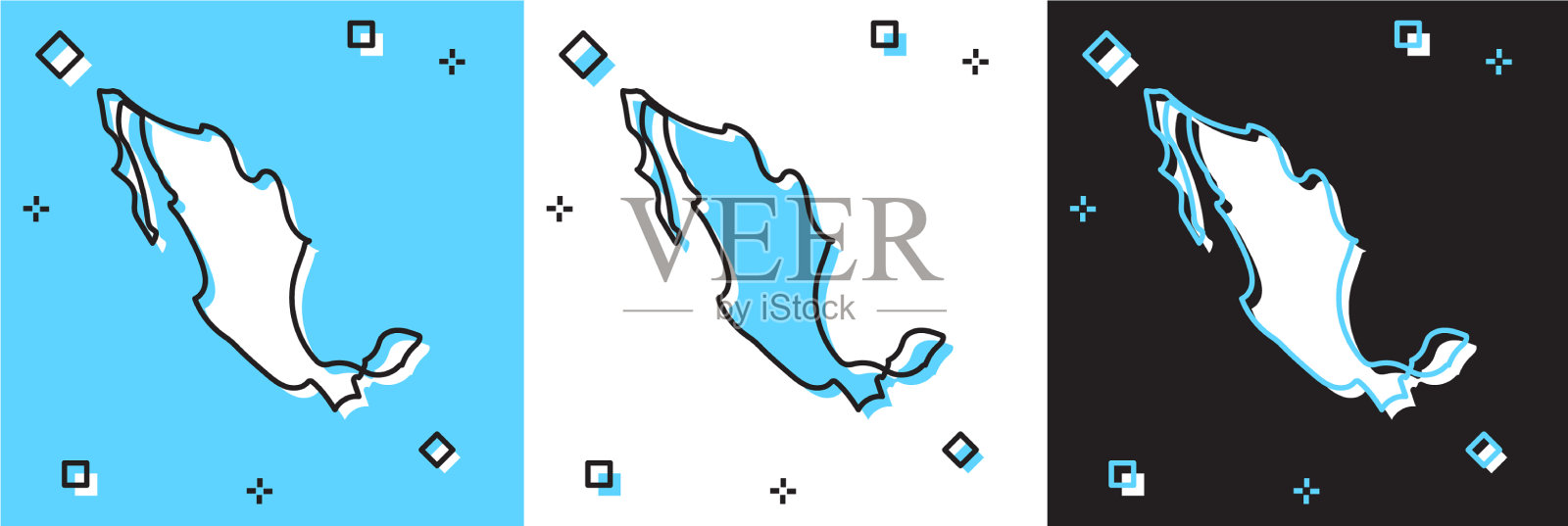 设置地图墨西哥图标孤立在蓝色和白色插画图片素材