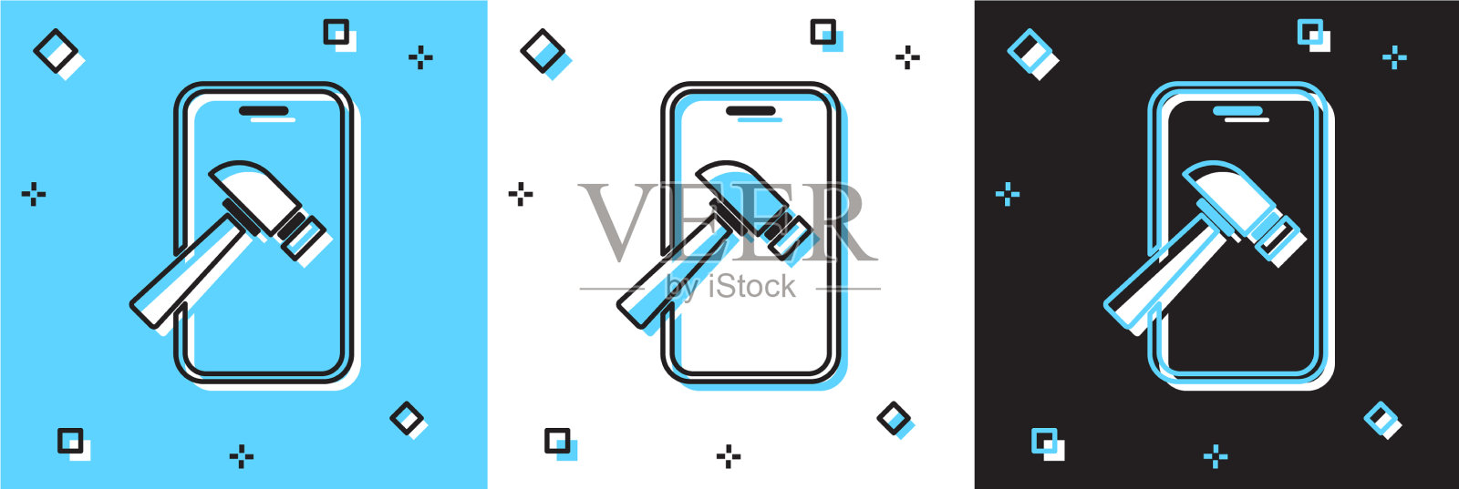 设置智能手机与破碎屏幕图标隔离插画图片素材