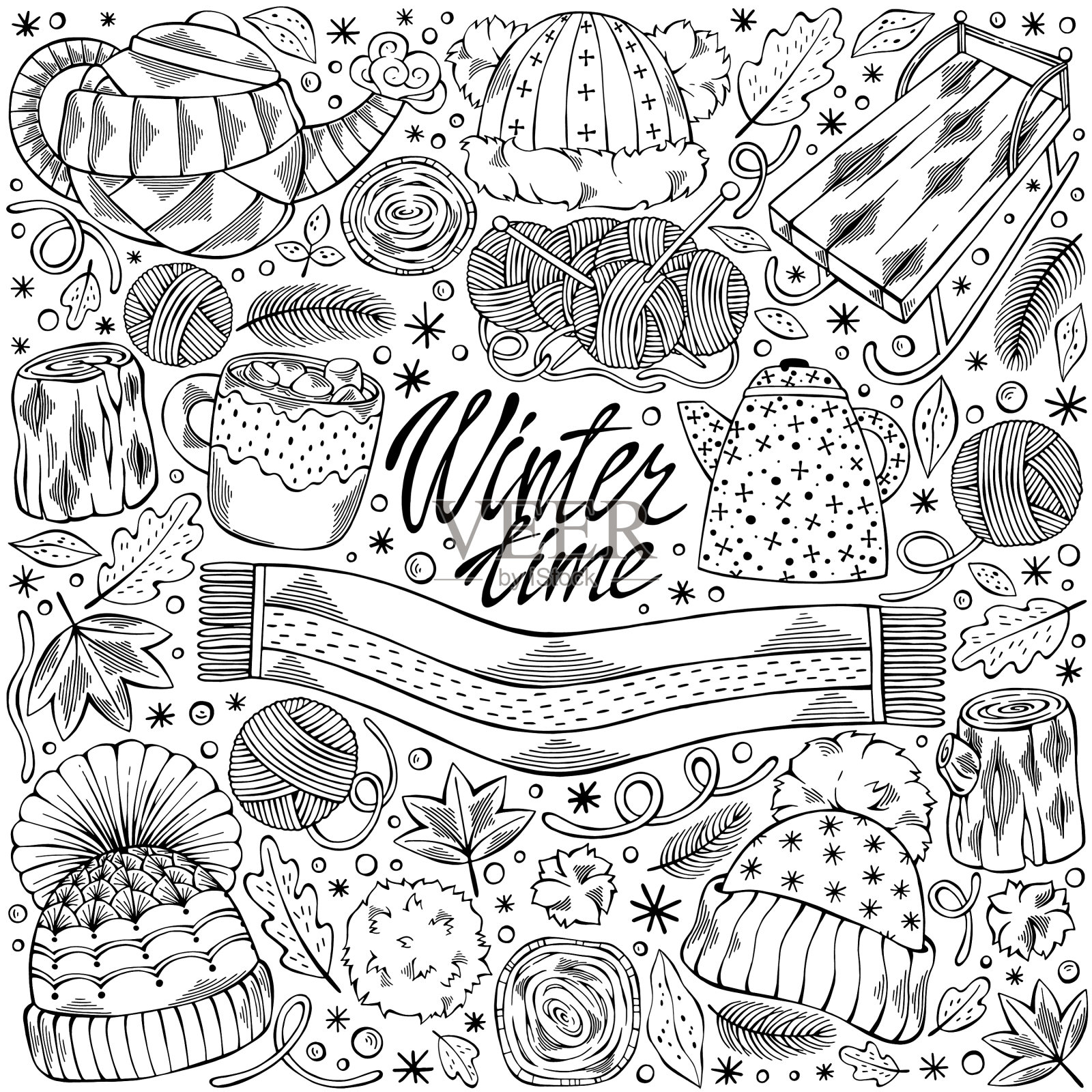 手绘设定冬季时间插画图片素材