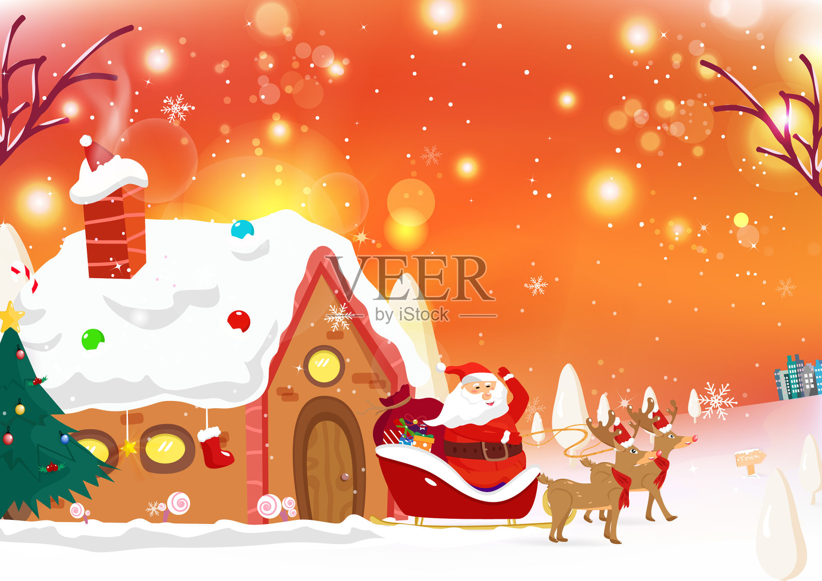 圣诞老人要来镇上幻想驯鹿下雪了插画图片素材