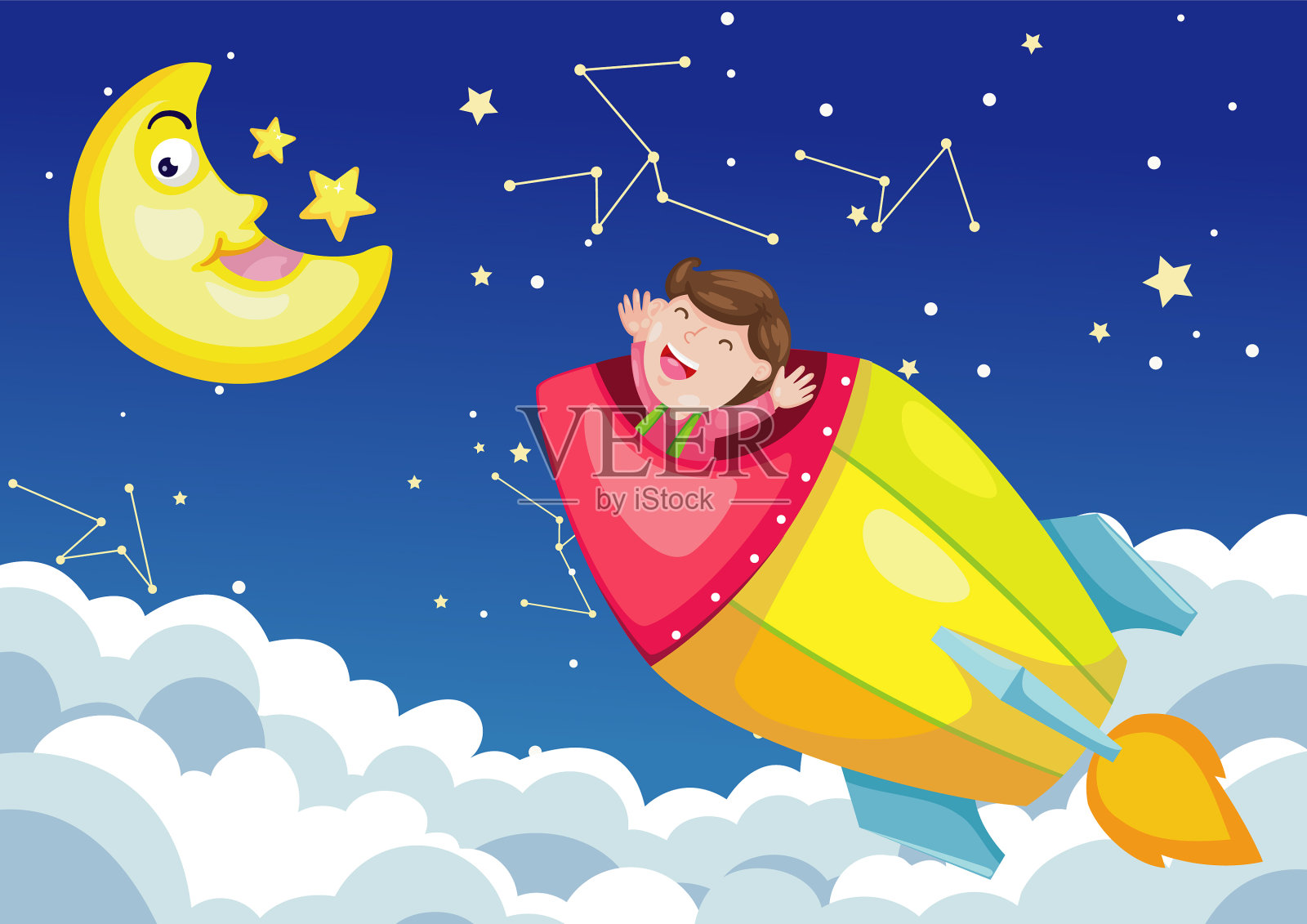 月亮之夜的天空火箭插画图片素材