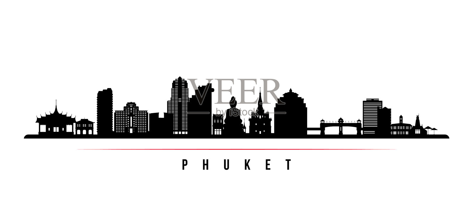 普吉岛天际线水平横幅黑白插画图片素材