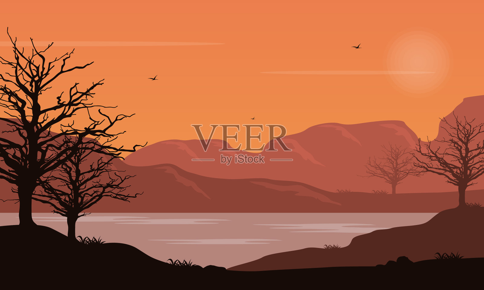 美妙的山景和树木的剪影插画图片素材