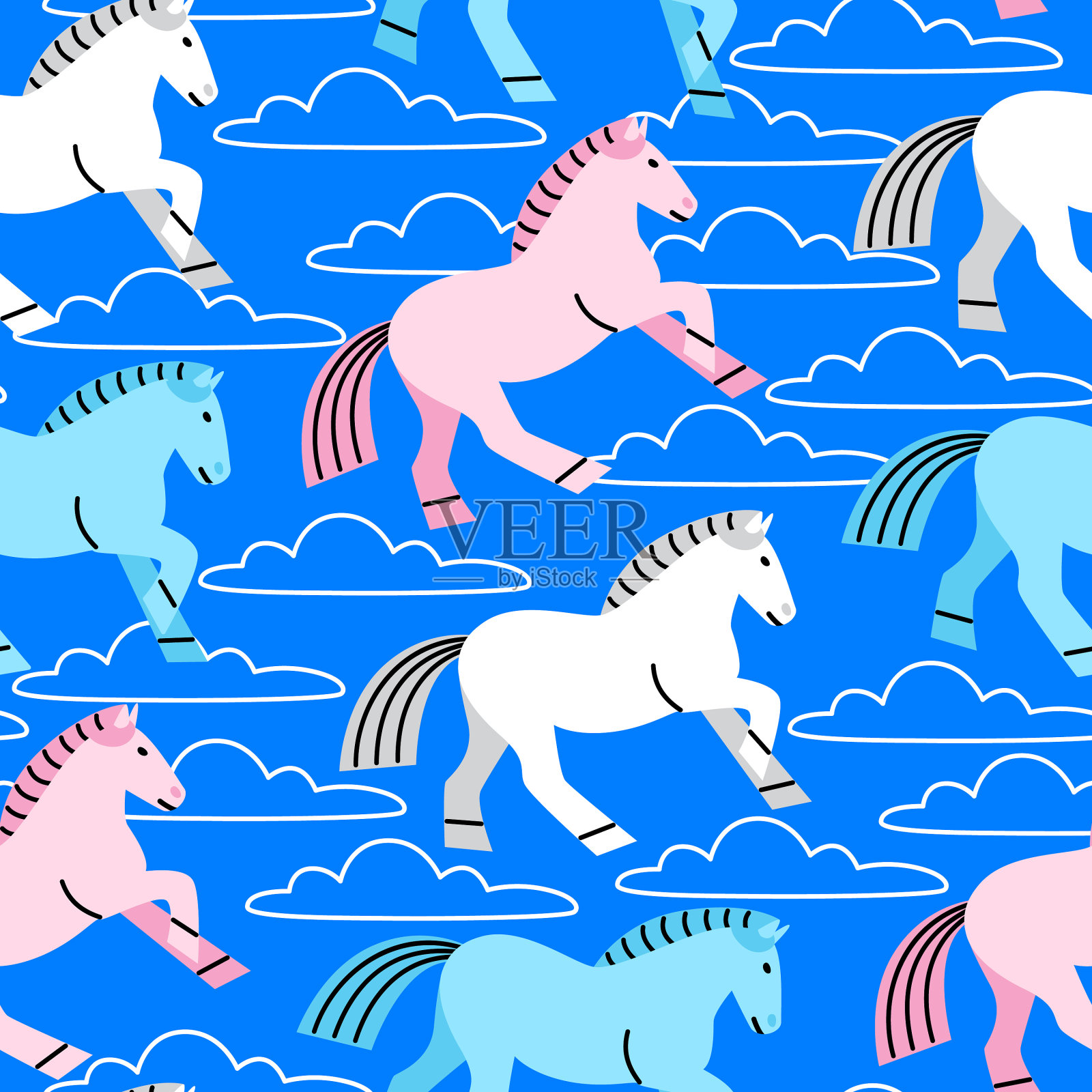 无缝模式与马在天空中奔跑插画图片素材