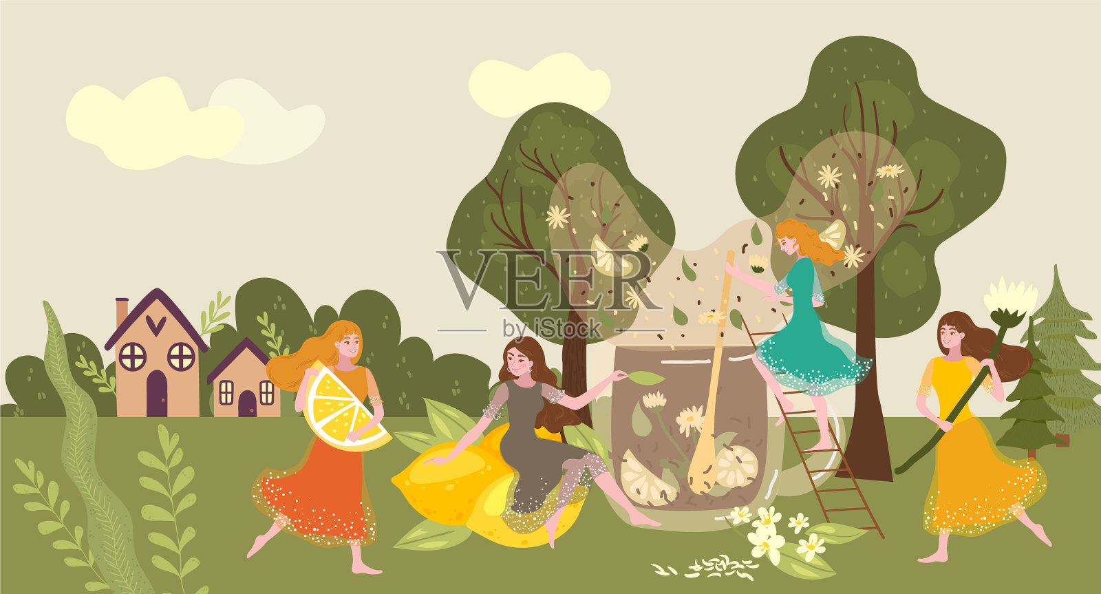 人们收集茶花的女子携带着橘子插画图片素材