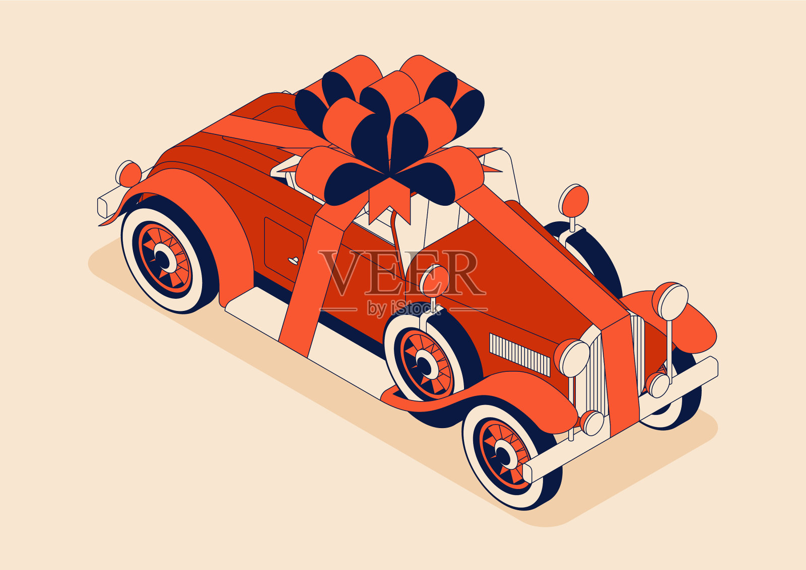 复古车敞篷车与巨大的弓古董车插画图片素材