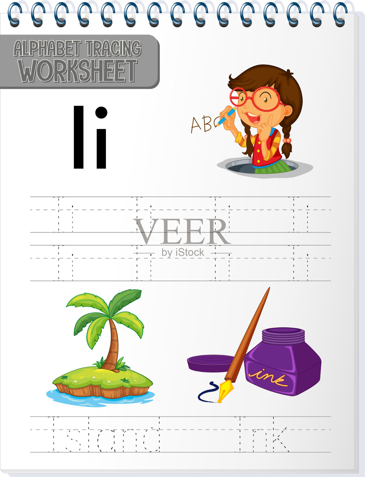 字母跟踪工作表与字母和插画图片素材