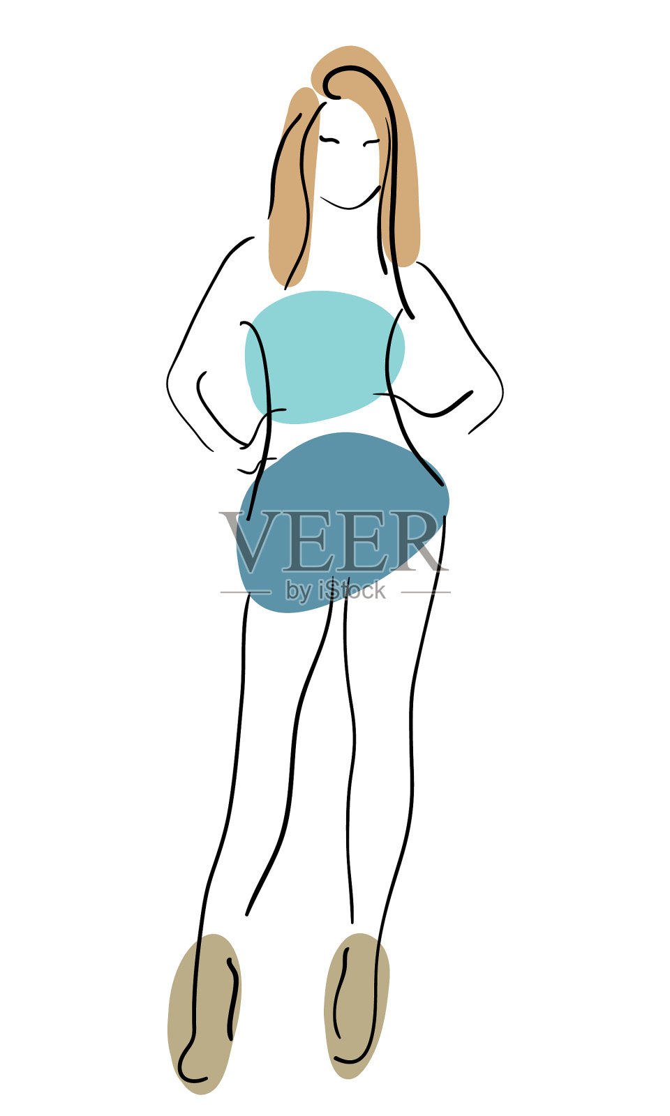 漂亮的女孩穿着一件简单的蓝色小连衣裙插画图片素材