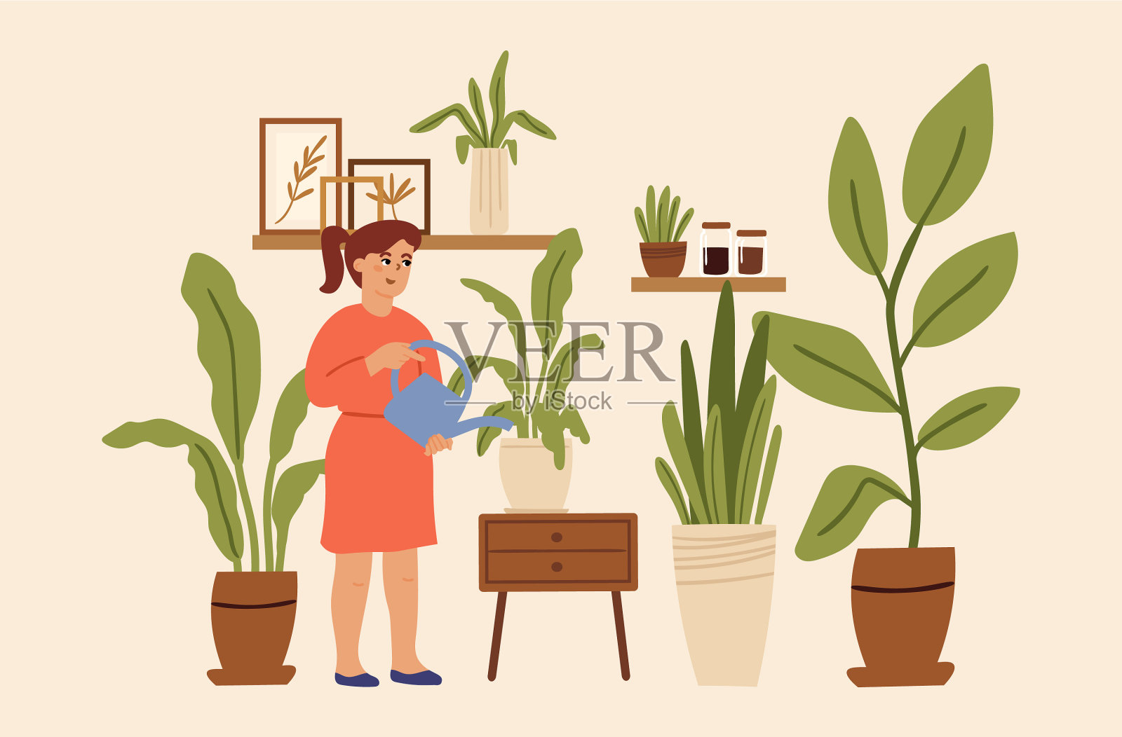 爱好园艺的女孩在家温室里很少插画图片素材